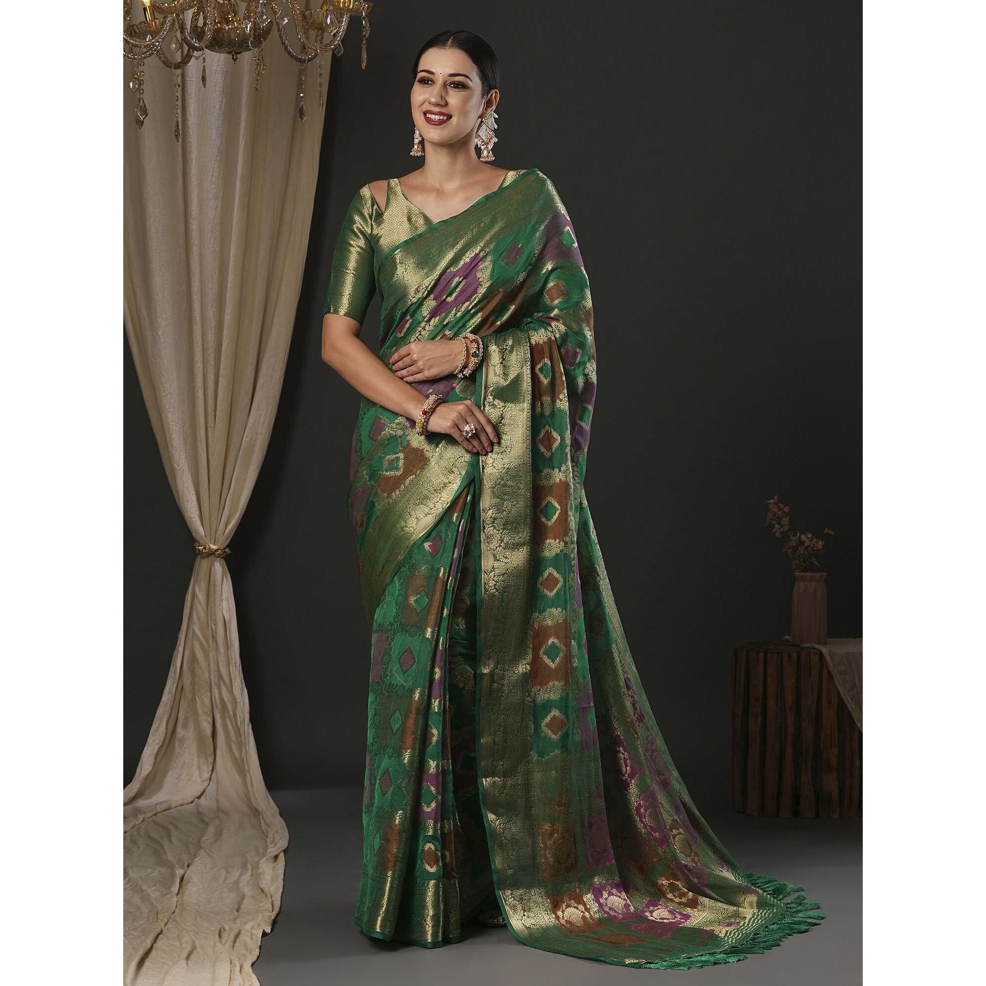 AKHILAM Womens Organza Ethnic Motif Woven Design Saree With Unstitched Blouse Piece(Teal green_YARYA126B_HS)