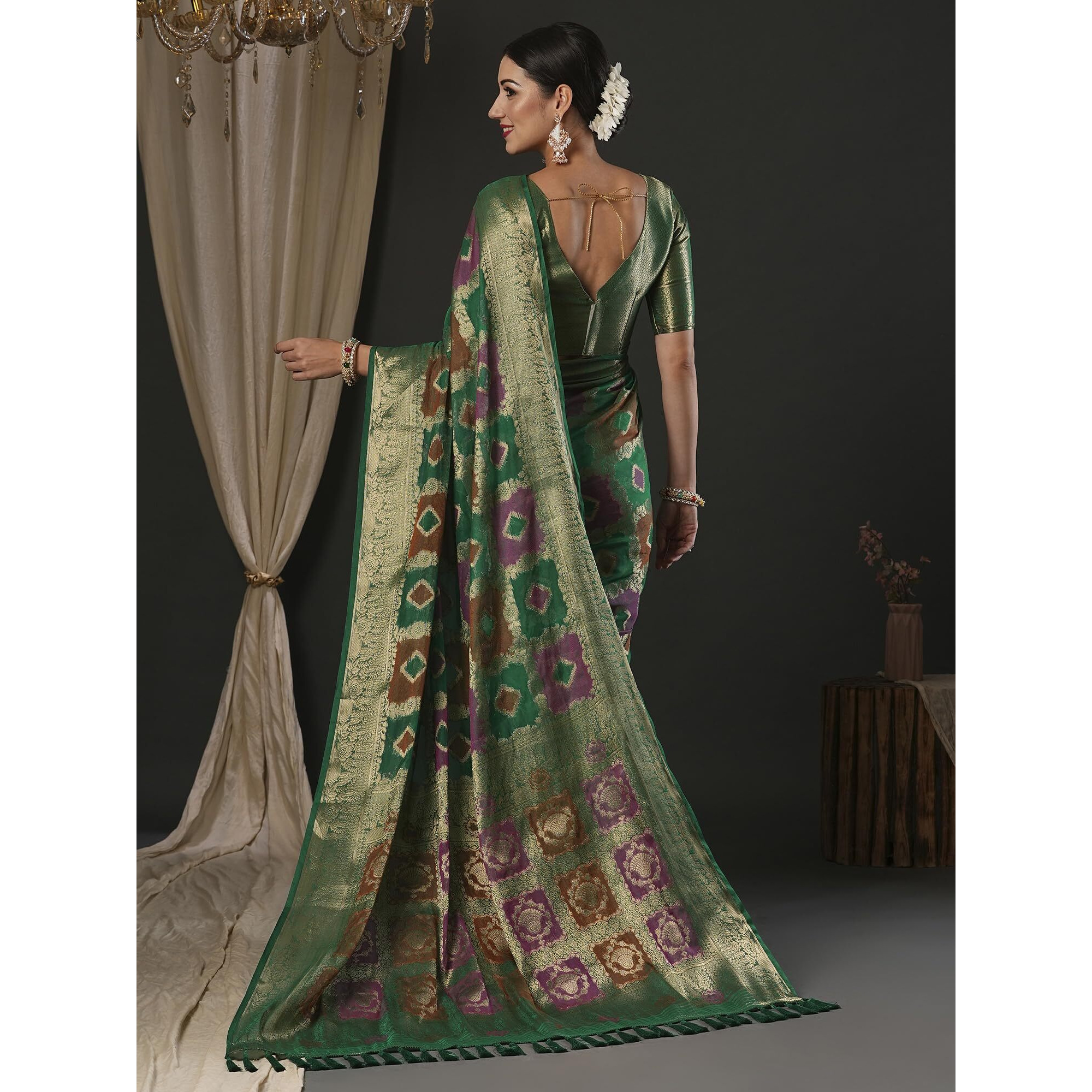 AKHILAM Womens Organza Ethnic Motif Woven Design Saree With Unstitched Blouse Piece(Teal green_YARYA126B_HS)