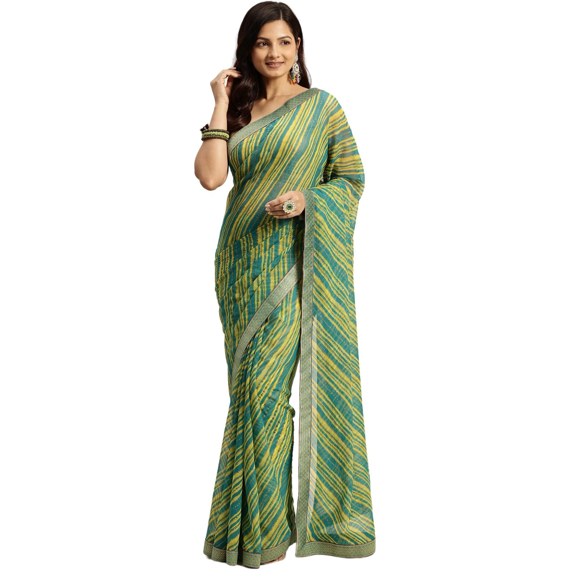 RATAN Womens Chiffon Lehriya Printed Saree without Blouse Piece(APL-9394_Green)