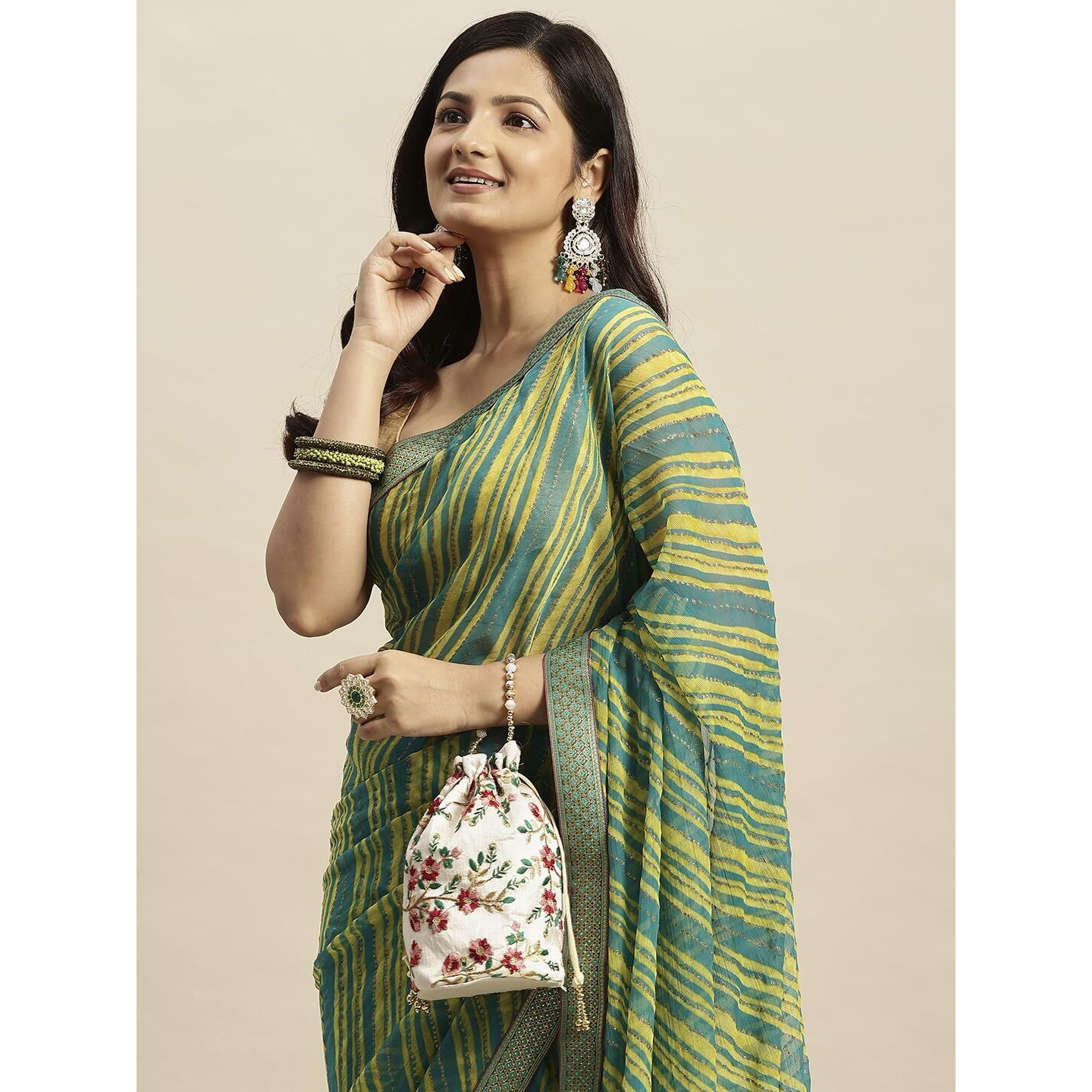 RATAN Womens Chiffon Lehriya Printed Saree without Blouse Piece(APL-9394_Green)