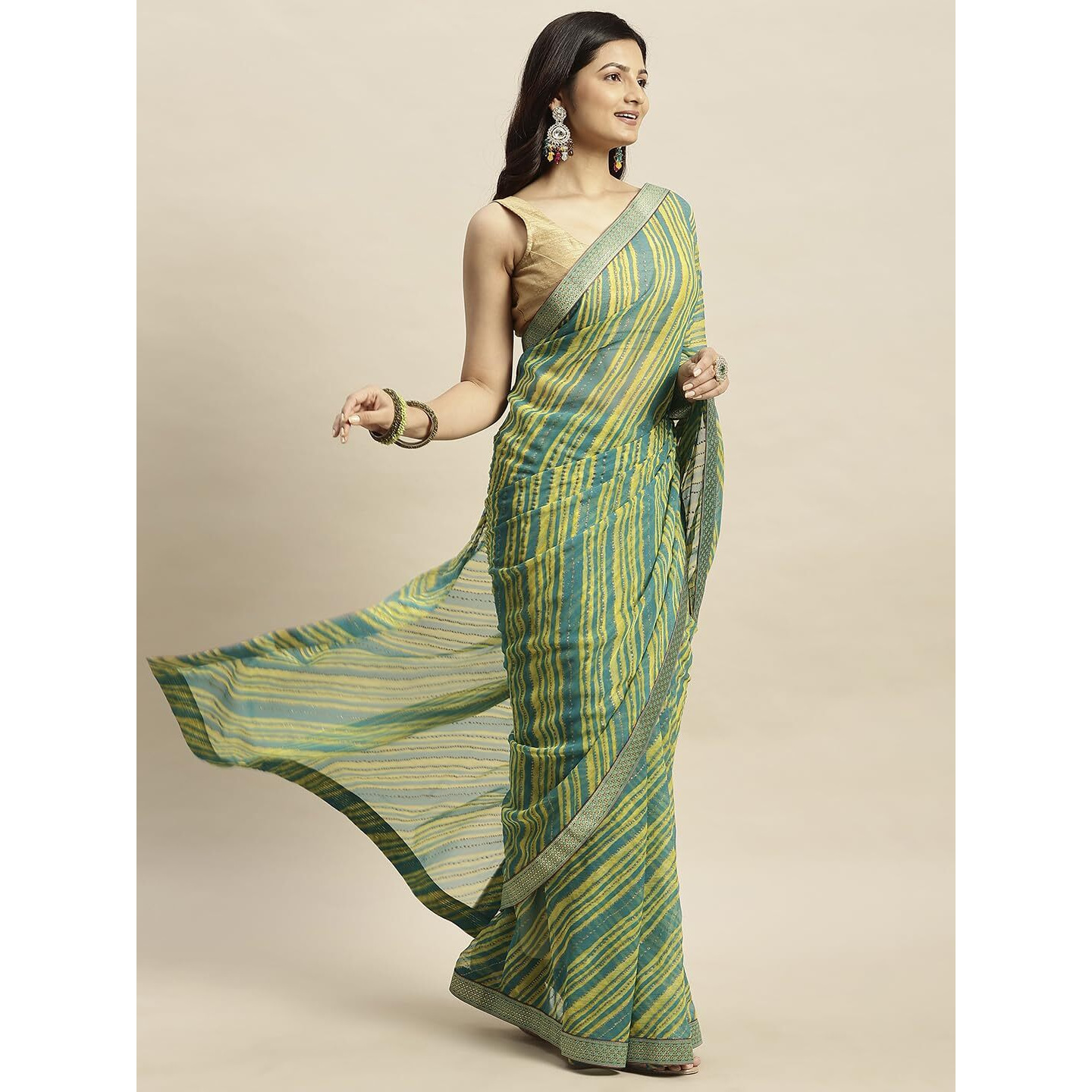 RATAN Womens Chiffon Lehriya Printed Saree without Blouse Piece(APL-9394_Green)