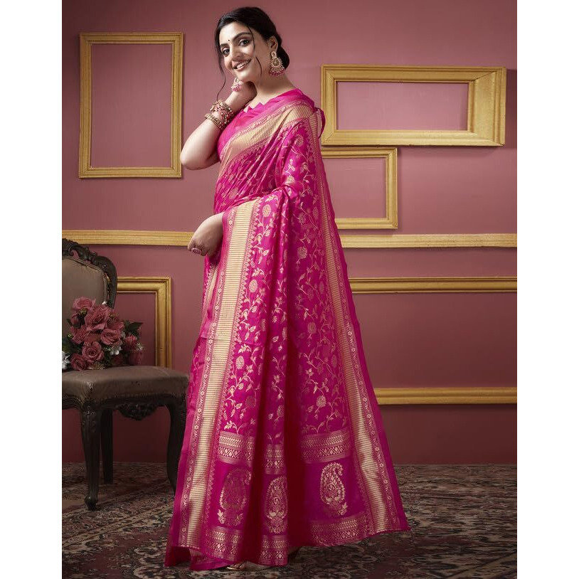 SIRIL Womens Art Silk Jacquard Saree With Unstitched Blouse Piece (3581S174_Pink)