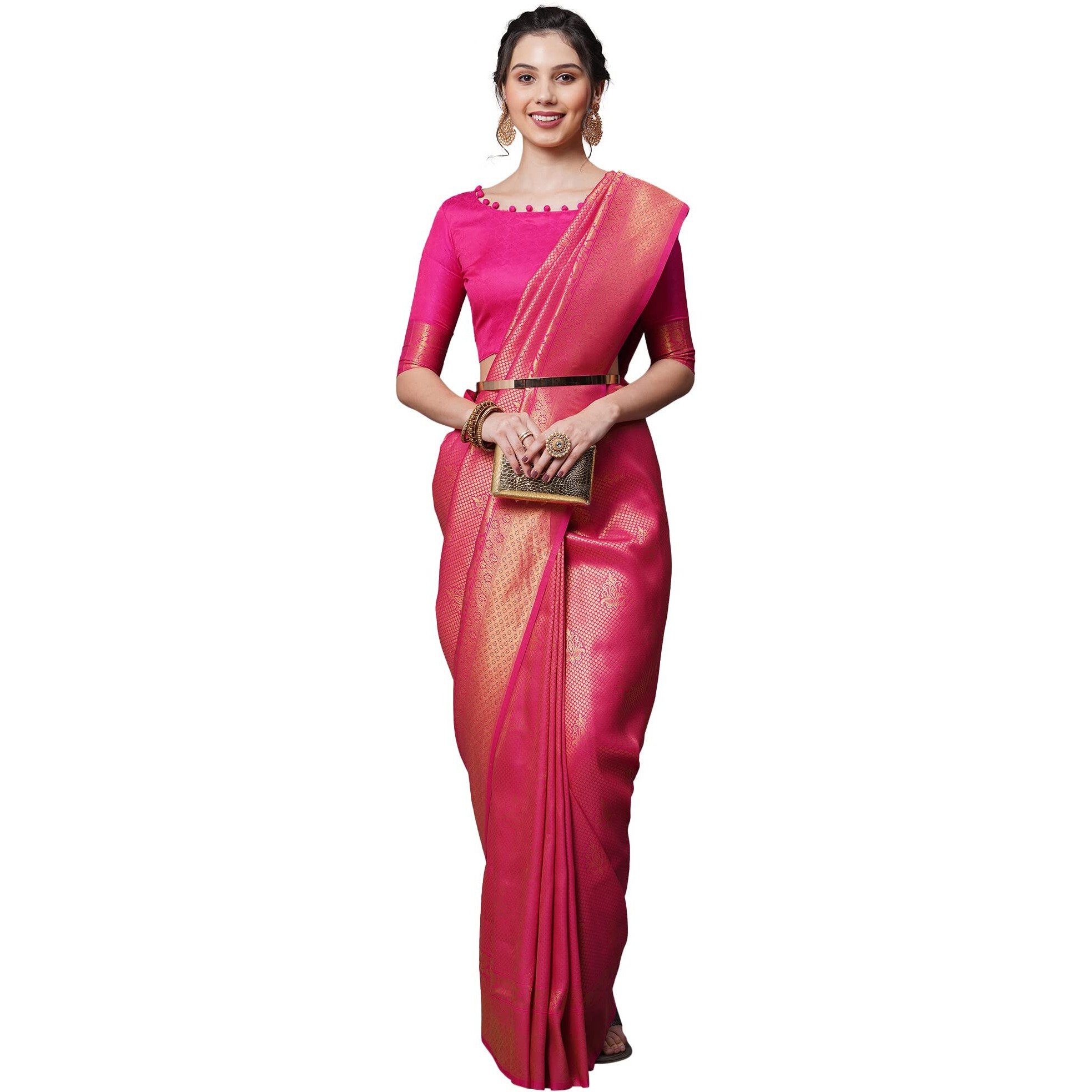 AKHILAM Womens Silk Blend Woven Design Saree With Unstitched Blouse Piece(Pink_KUNT188006)