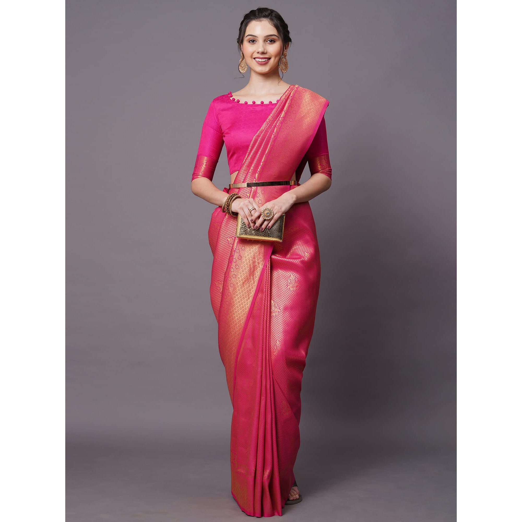 AKHILAM Womens Silk Blend Woven Design Saree With Unstitched Blouse Piece(Pink_KUNT188006)