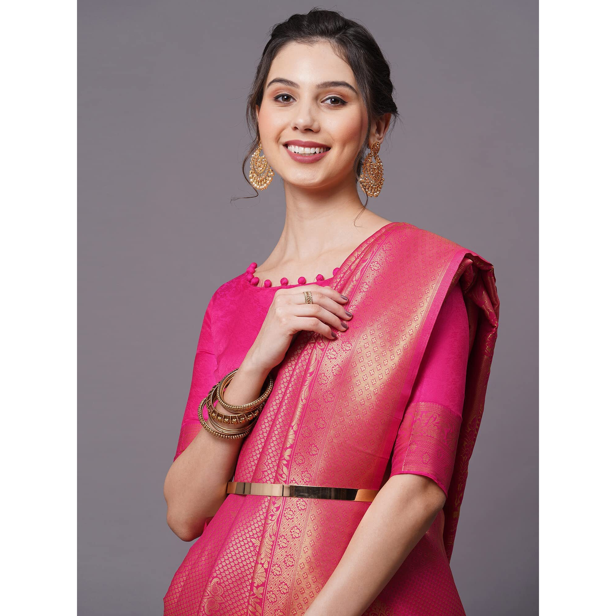 AKHILAM Womens Silk Blend Woven Design Saree With Unstitched Blouse Piece(Pink_KUNT188006)