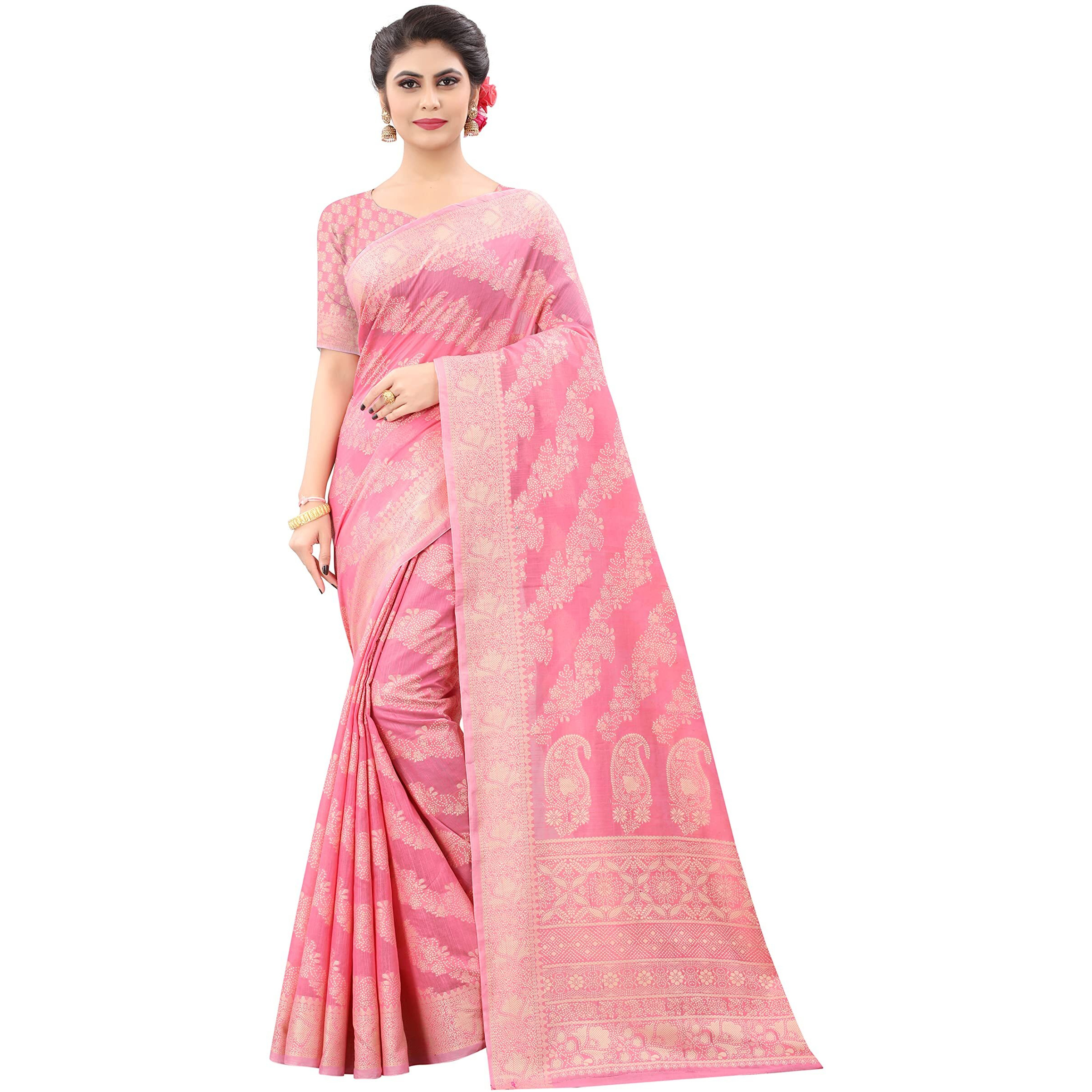 SWORNOF Womens Jacquard Linen Saree With Blouse Piece (flower-8888_Pink)