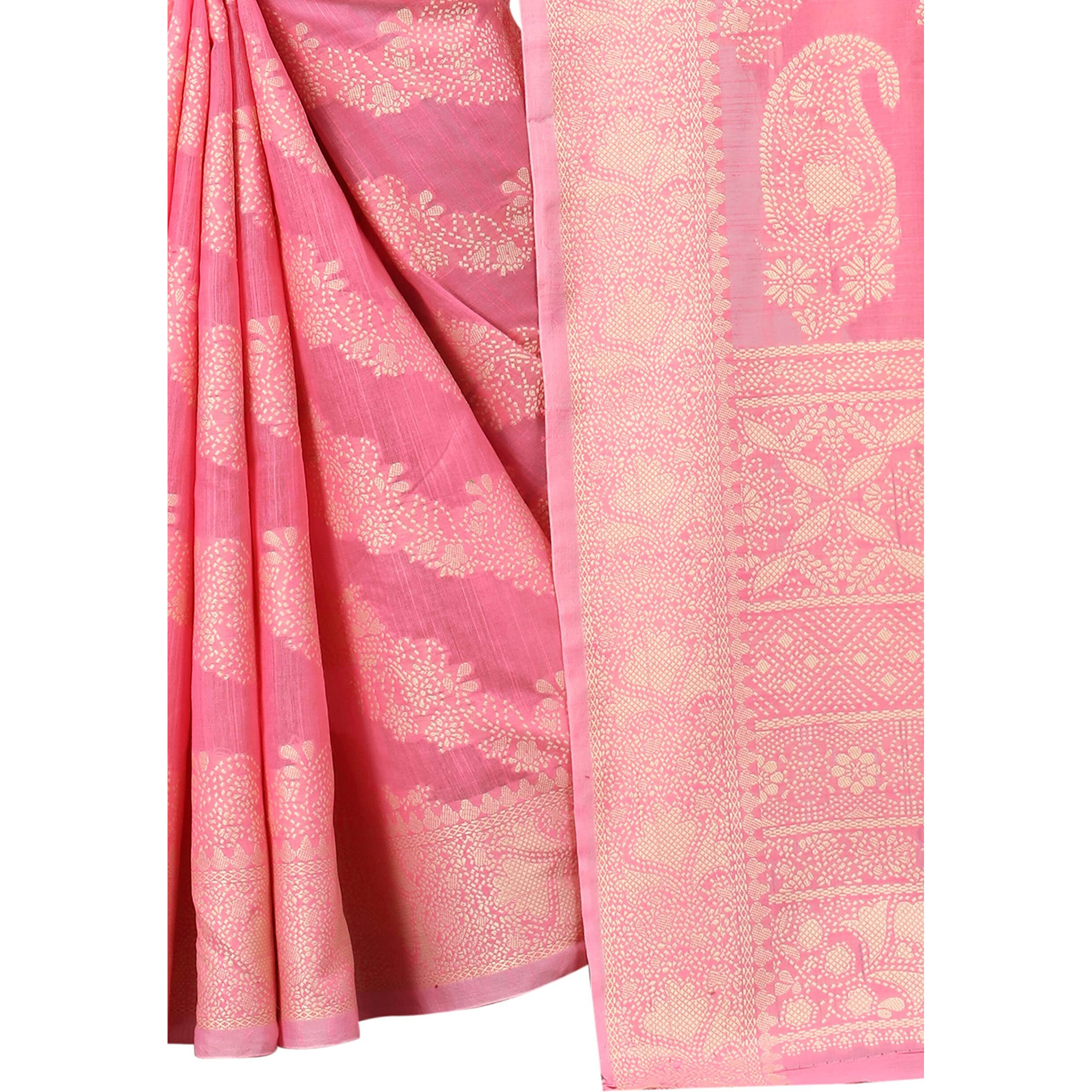 SWORNOF Womens Jacquard Linen Saree With Blouse Piece (flower-8888_Pink)