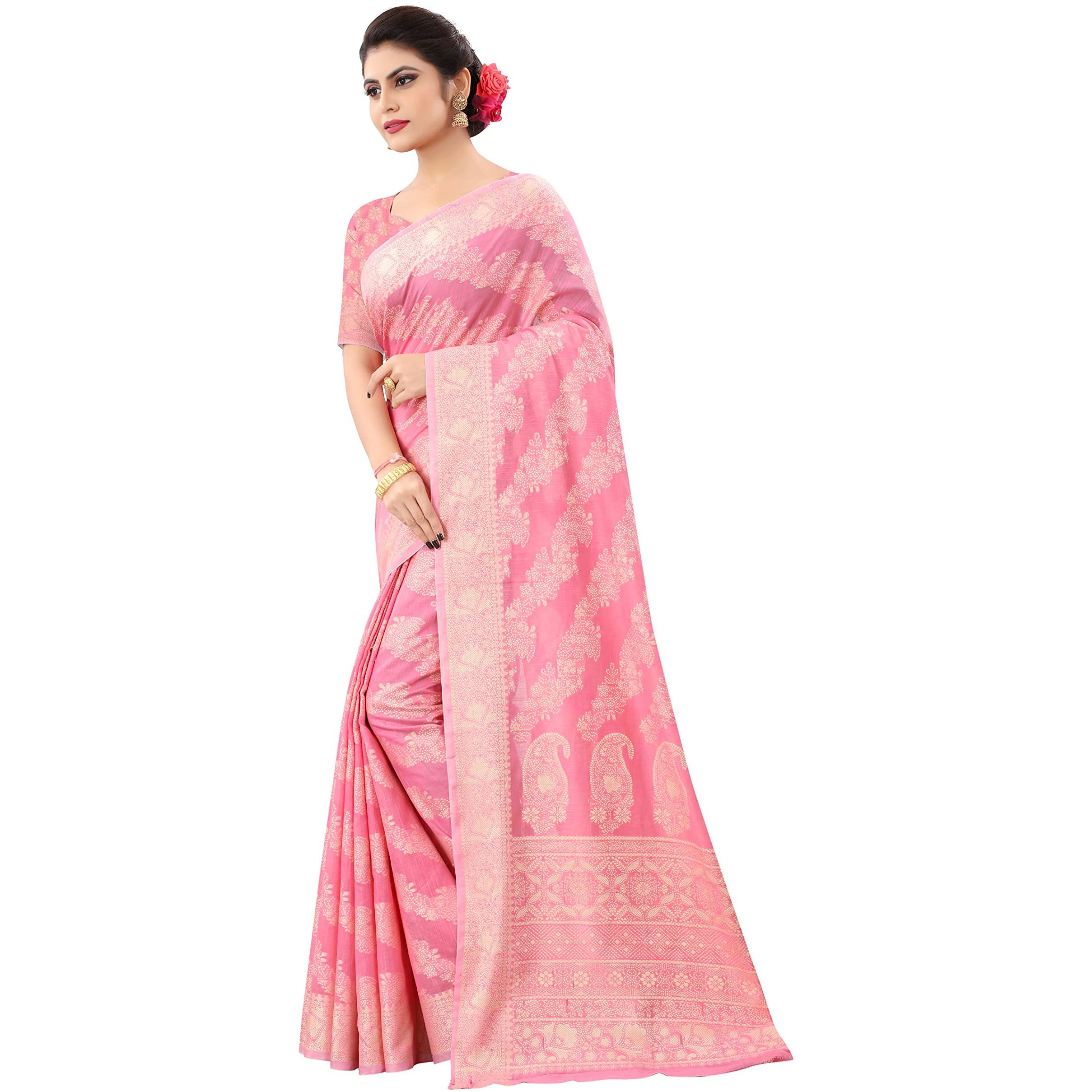 SWORNOF Womens Jacquard Linen Saree With Blouse Piece (flower-8888_Pink)