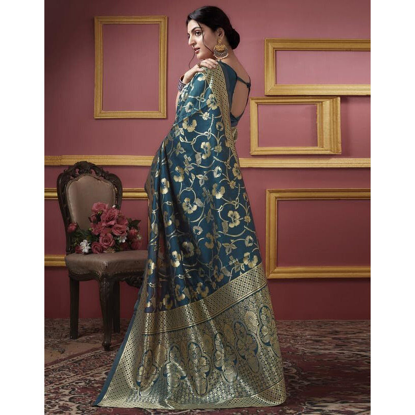 SIRIL Womens Art Silk Jacquard Saree With Unstitched Blouse Piece (3581S176_Real Blue)