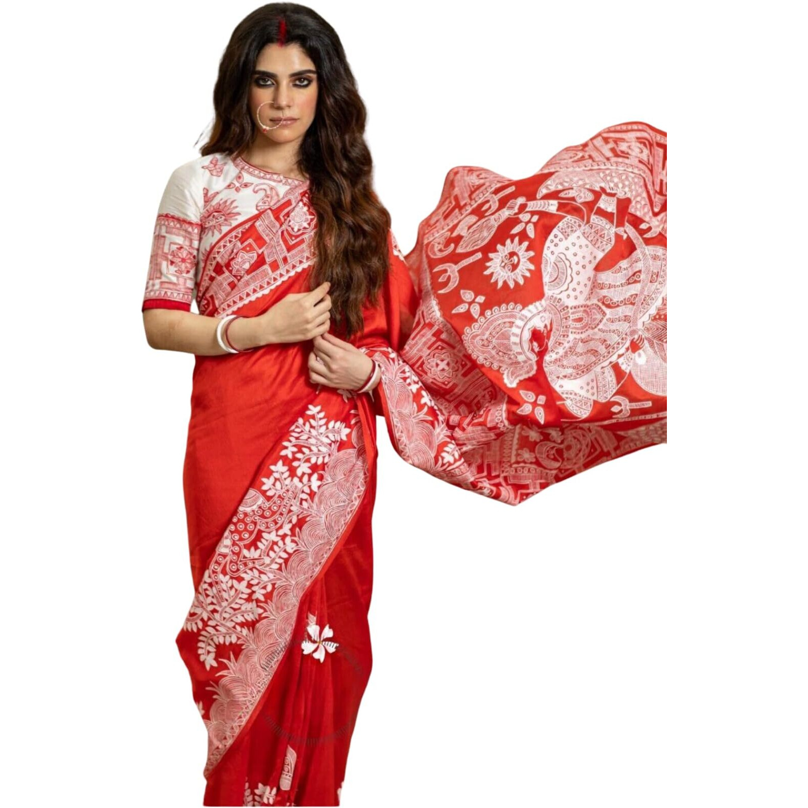 SGF11 Womens Kanjivaram Soft Lichi Silk Saree With Blouse Piece (Red White) Durga Puja Special