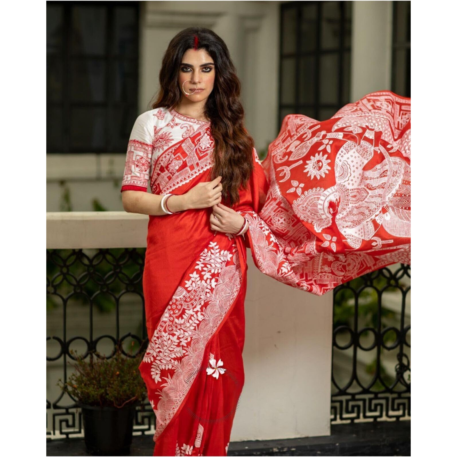 SGF11 Womens Kanjivaram Soft Lichi Silk Saree With Blouse Piece (Red White) Durga Puja Special