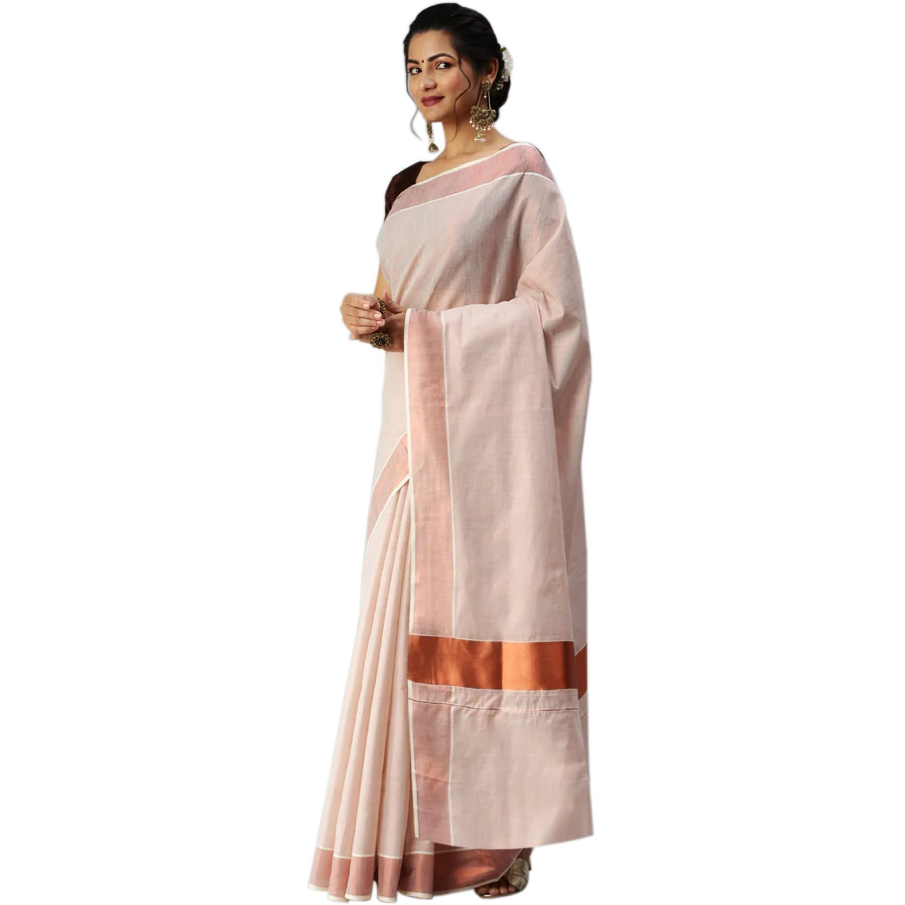 Texation Womens Kerala Kasavu Tissue Saree With Running Blouse (Saree 5.25 meter, Blouse 0.8 meter). (Copper)