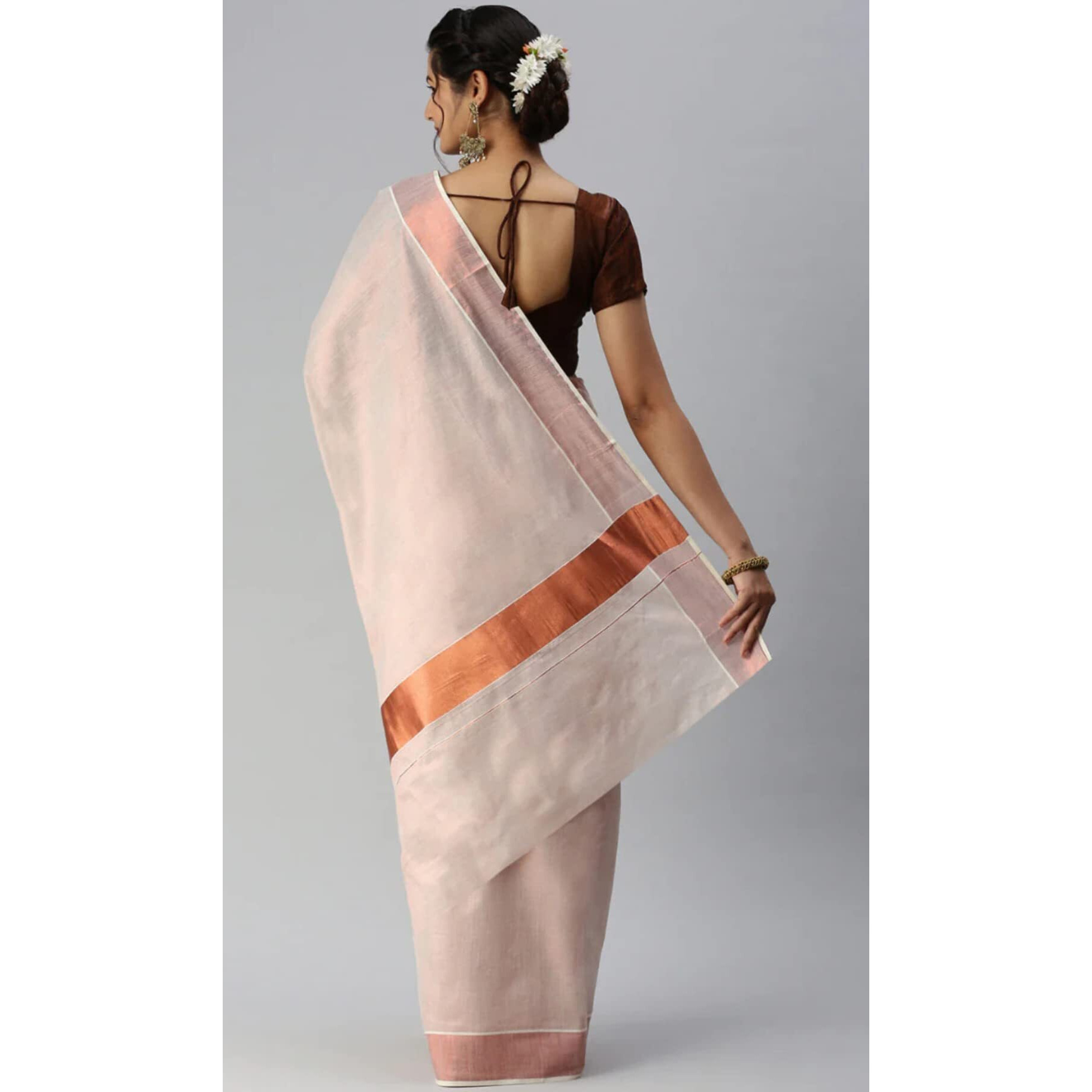 Texation Womens Kerala Kasavu Tissue Saree With Running Blouse (Saree 5.25 meter, Blouse 0.8 meter). (Copper)