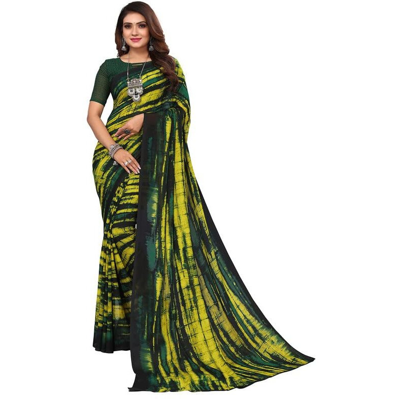 SICHI WomenS Georgette Printed Saree With Unstitched Blouse Piece(2756S400N_Dark Green & Yellow)