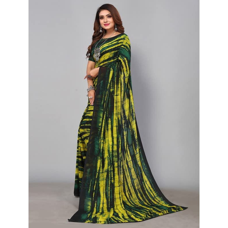 SICHI WomenS Georgette Printed Saree With Unstitched Blouse Piece(2756S400N_Dark Green & Yellow)