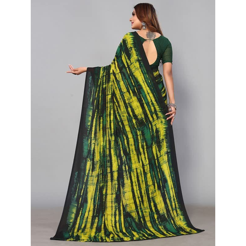 SICHI WomenS Georgette Printed Saree With Unstitched Blouse Piece(2756S400N_Dark Green & Yellow)