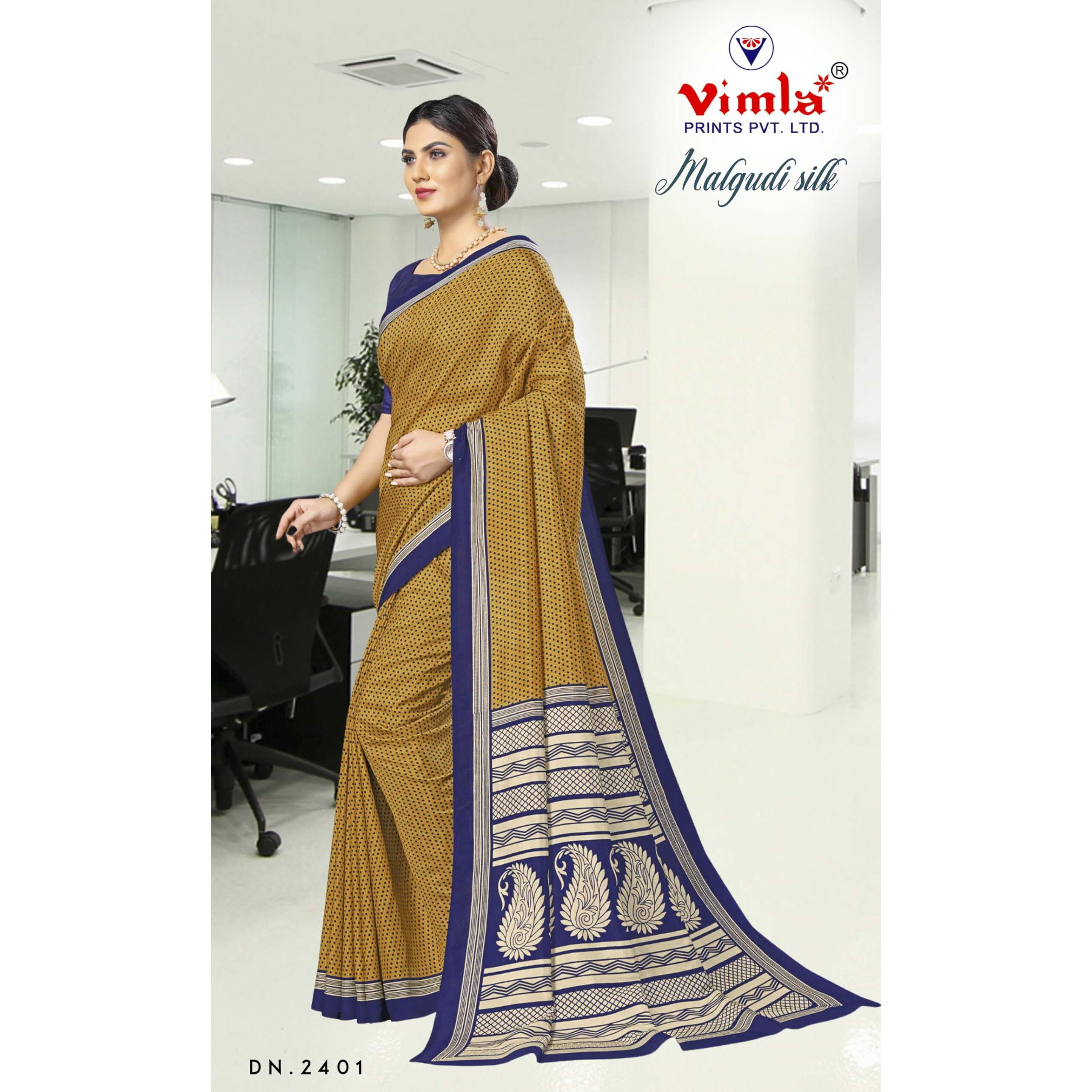 Vimla Womens Mustard Malgudi Art Silk Uniform Saree with Blouse Piece (2401_Yellow)