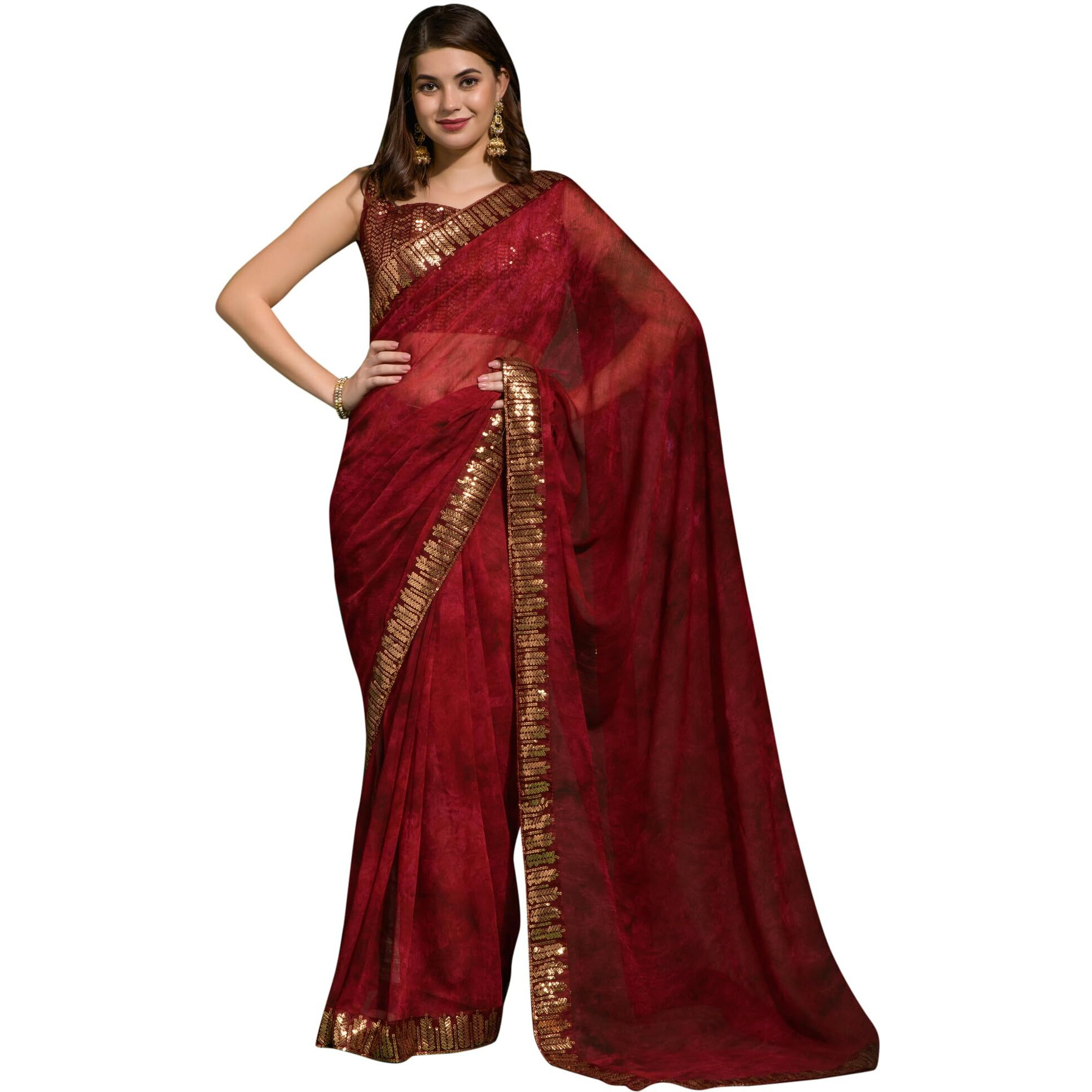 AKHILAM Womens Chiffon Maroon Embellished Designer Saree With Blouse Piece (MNSURI223_VP)