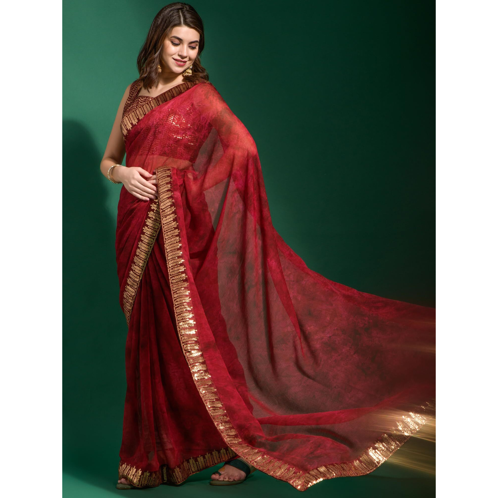 AKHILAM Womens Chiffon Maroon Embellished Designer Saree With Blouse Piece (MNSURI223_VP)