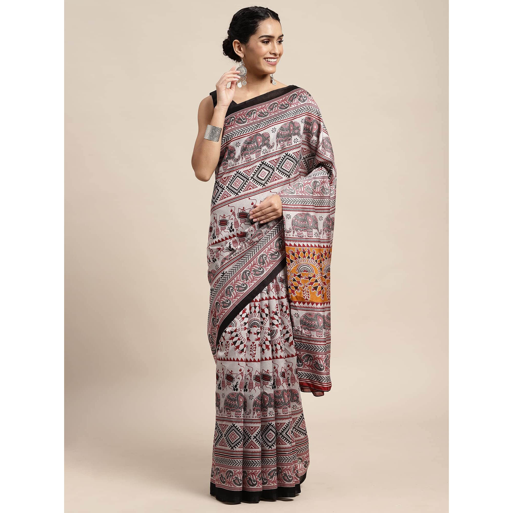 AKHILAM Womens Printed Warli Art Silk Saree With Unstitched Blouse Piece(Grey_FF0017WOM17909)