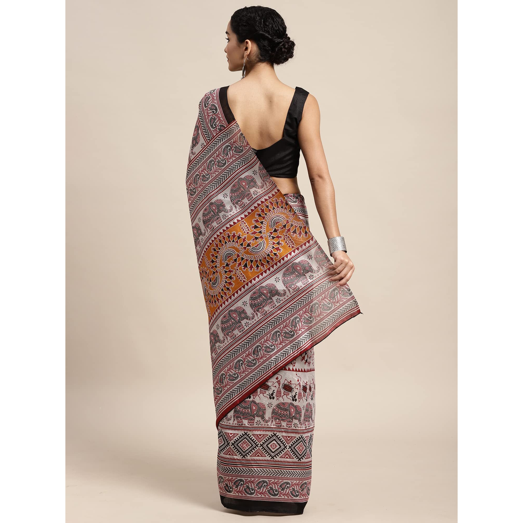 AKHILAM Womens Printed Warli Art Silk Saree With Unstitched Blouse Piece(Grey_FF0017WOM17909)