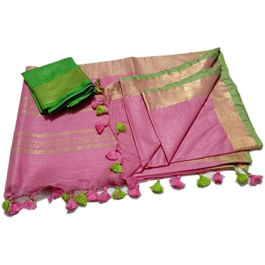 STB-SILK TEXTILES BHAGALPUR Womens Linen Slub Saree With Unstitched Contrast Blouse Piece