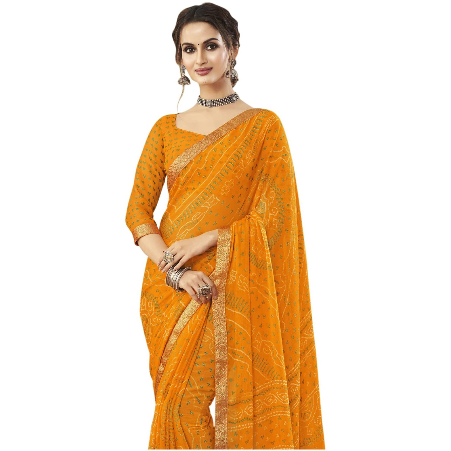 Satrani Womens Bandhani Printed & Lace Chiffon Saree with Blouse(2202SR868_Turmeric Yellow)