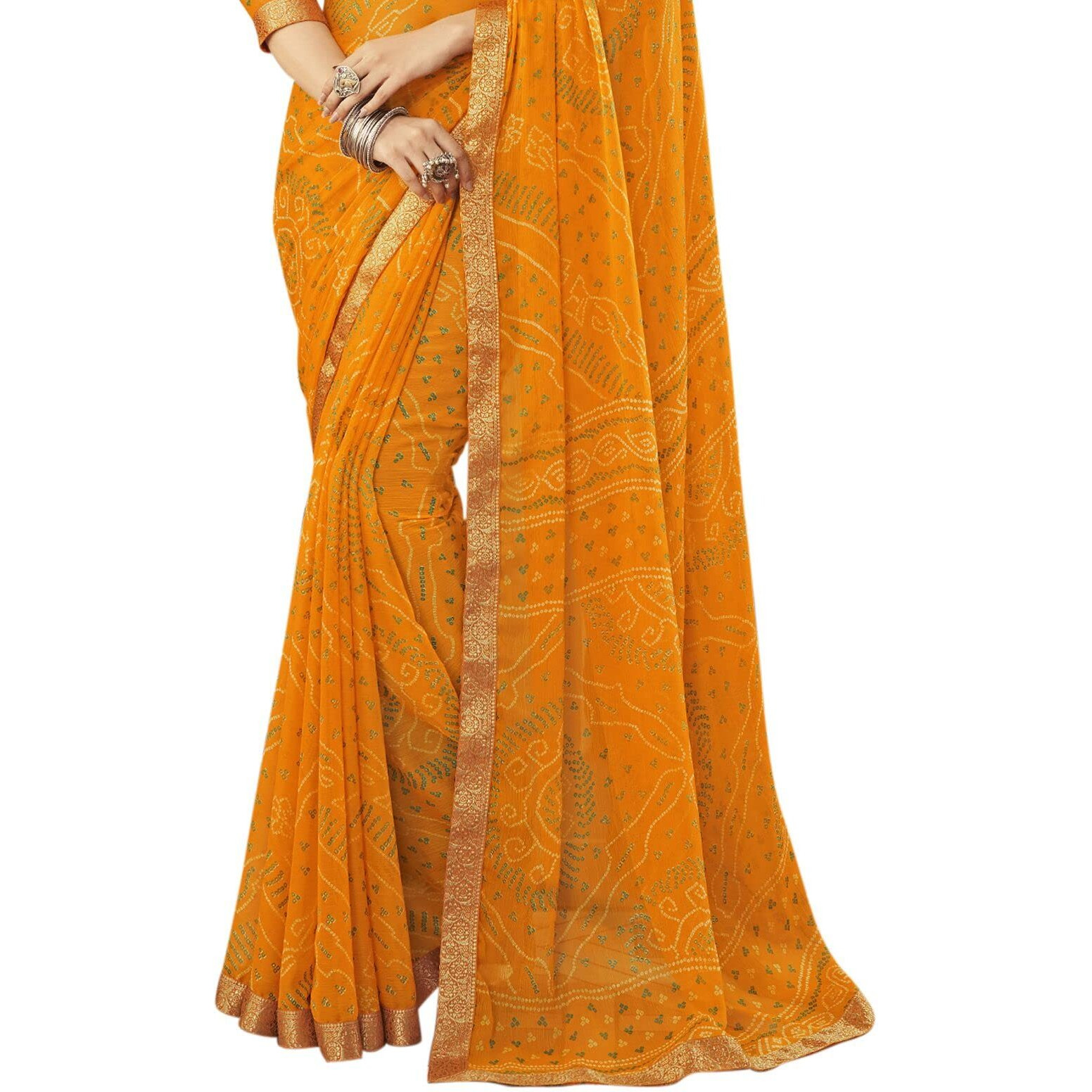 Satrani Womens Bandhani Printed & Lace Chiffon Saree with Blouse(2202SR868_Turmeric Yellow)