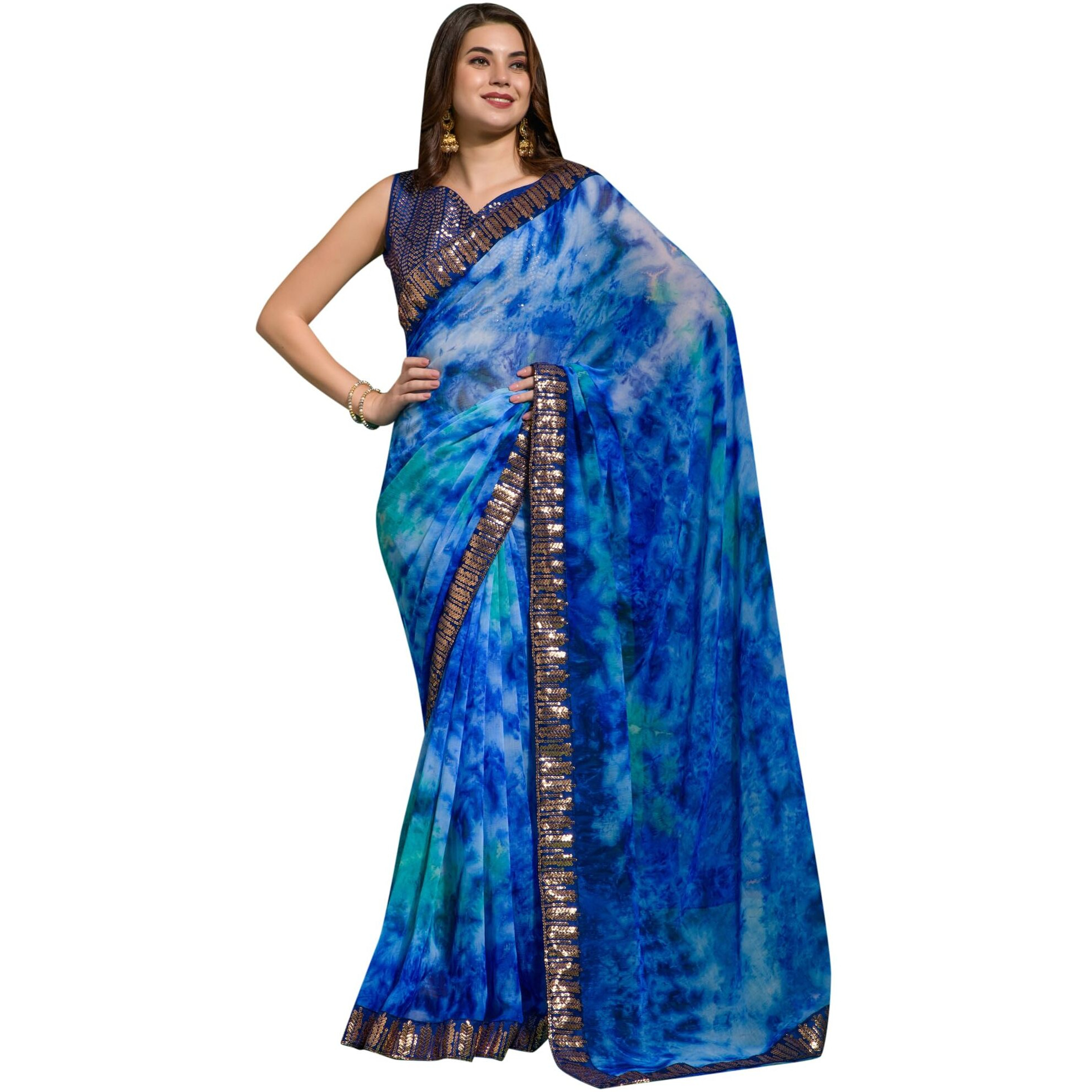 AKHILAM Womens Chiffon Blue Embellished Designer Saree With Blouse Piece (MNSURI222_VP)