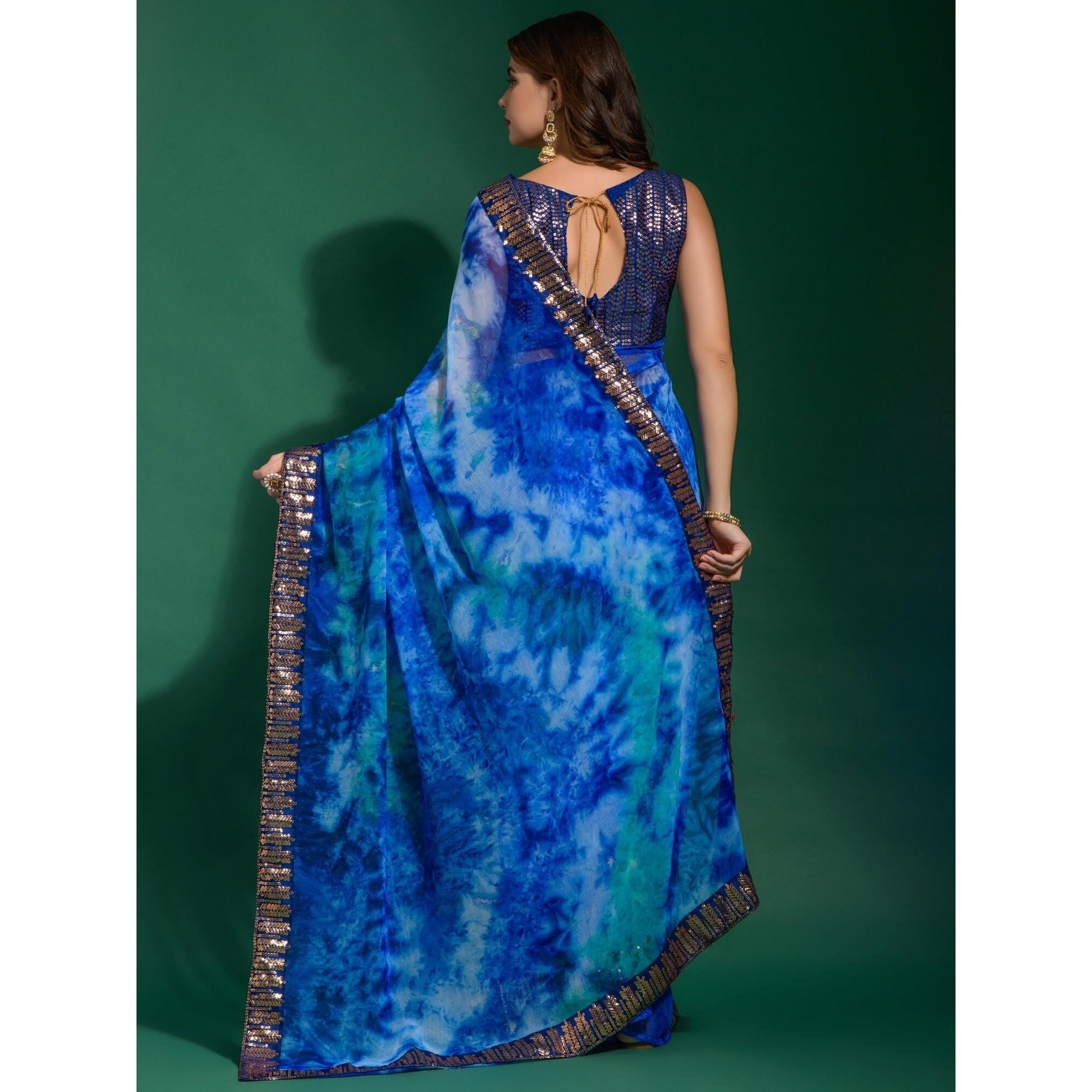 AKHILAM Womens Chiffon Blue Embellished Designer Saree With Blouse Piece (MNSURI222_VP)