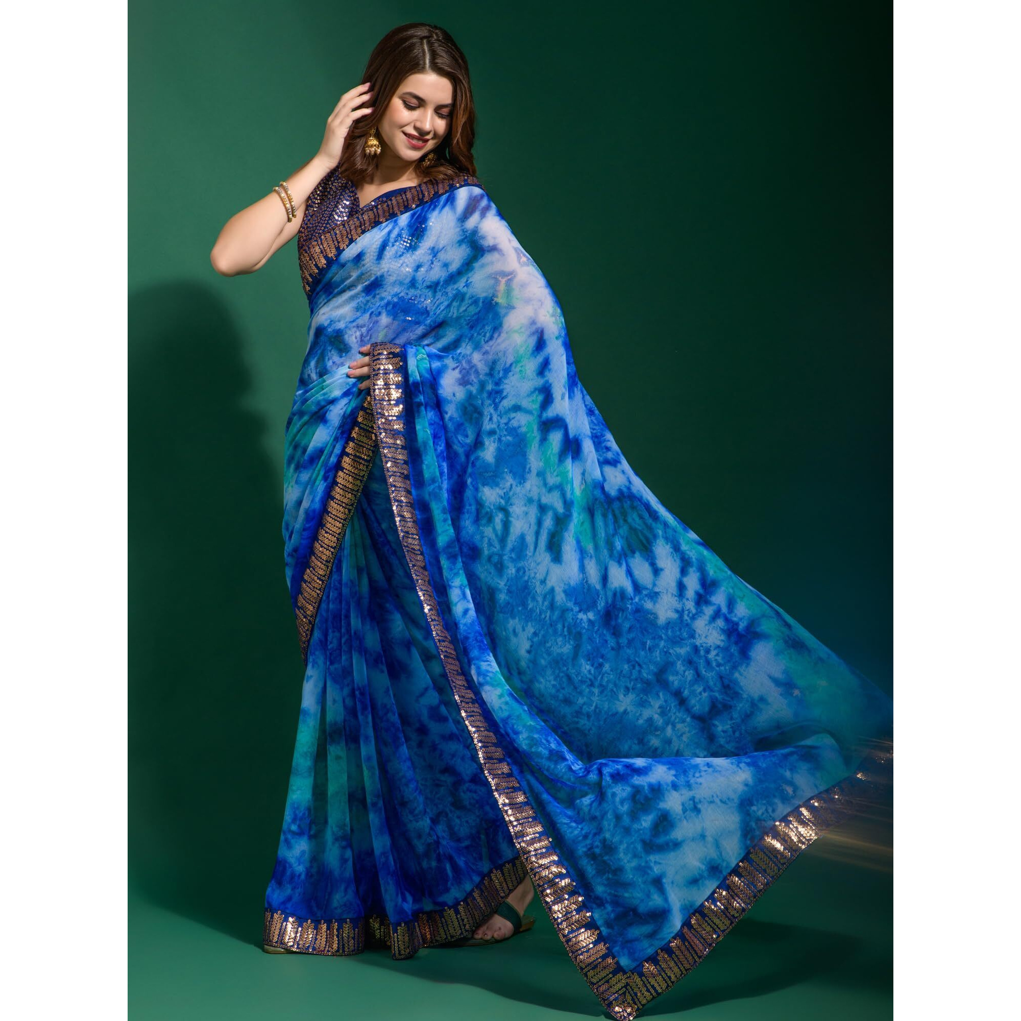 AKHILAM Womens Chiffon Blue Embellished Designer Saree With Blouse Piece (MNSURI222_VP)