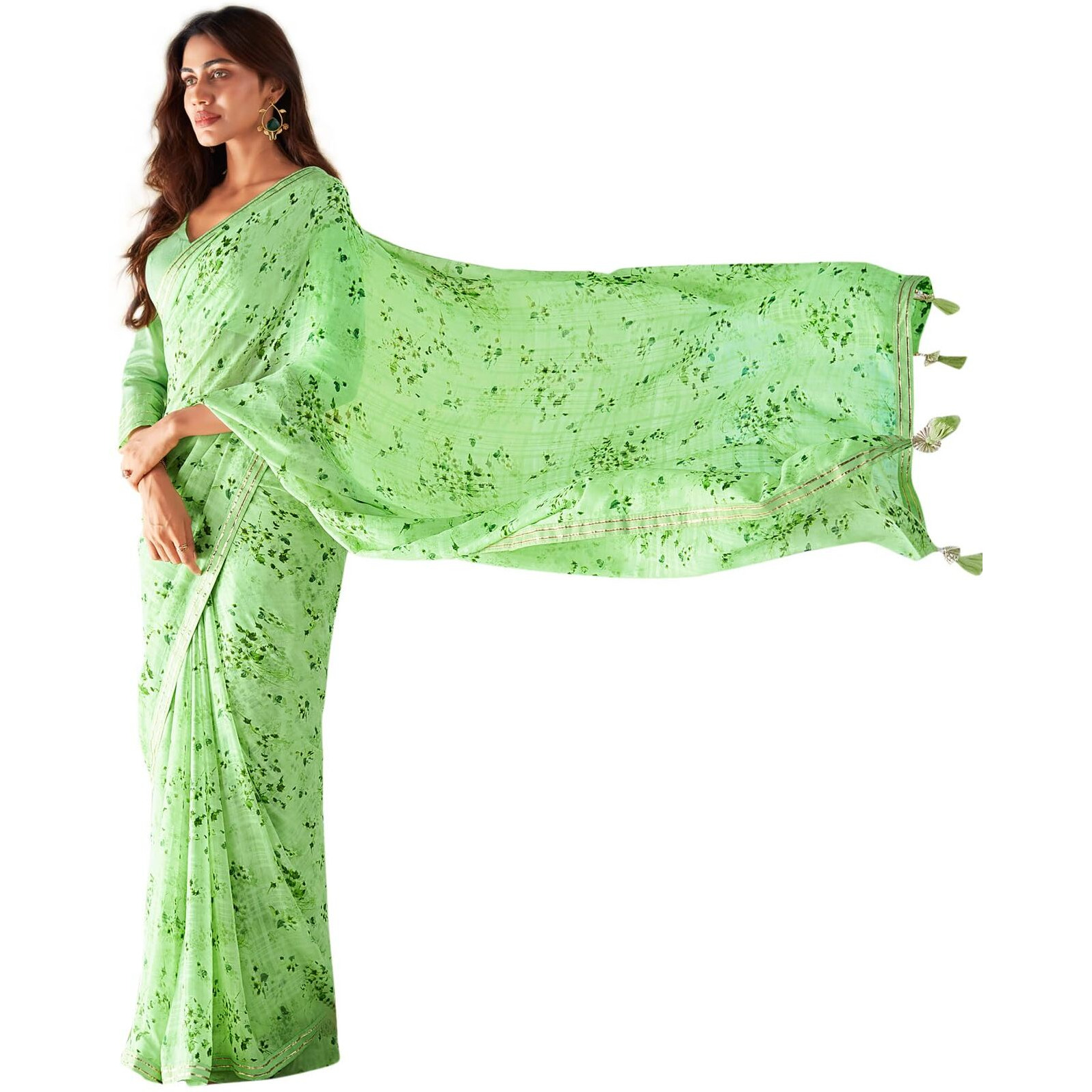 AKHILAM Womens Georgette Light Green Embellished Designer Saree With Blouse Piece (SAADI1006_SR)