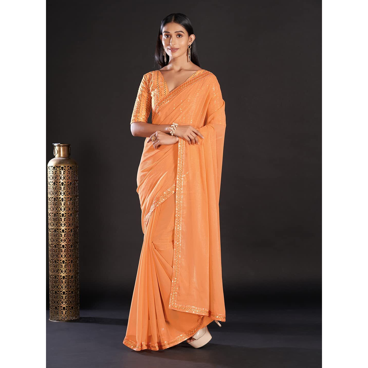 AKHILAM Womens Georgette Sequins Designer Saree With Unstitched Blouse Piece (GLMP1203_Orange)