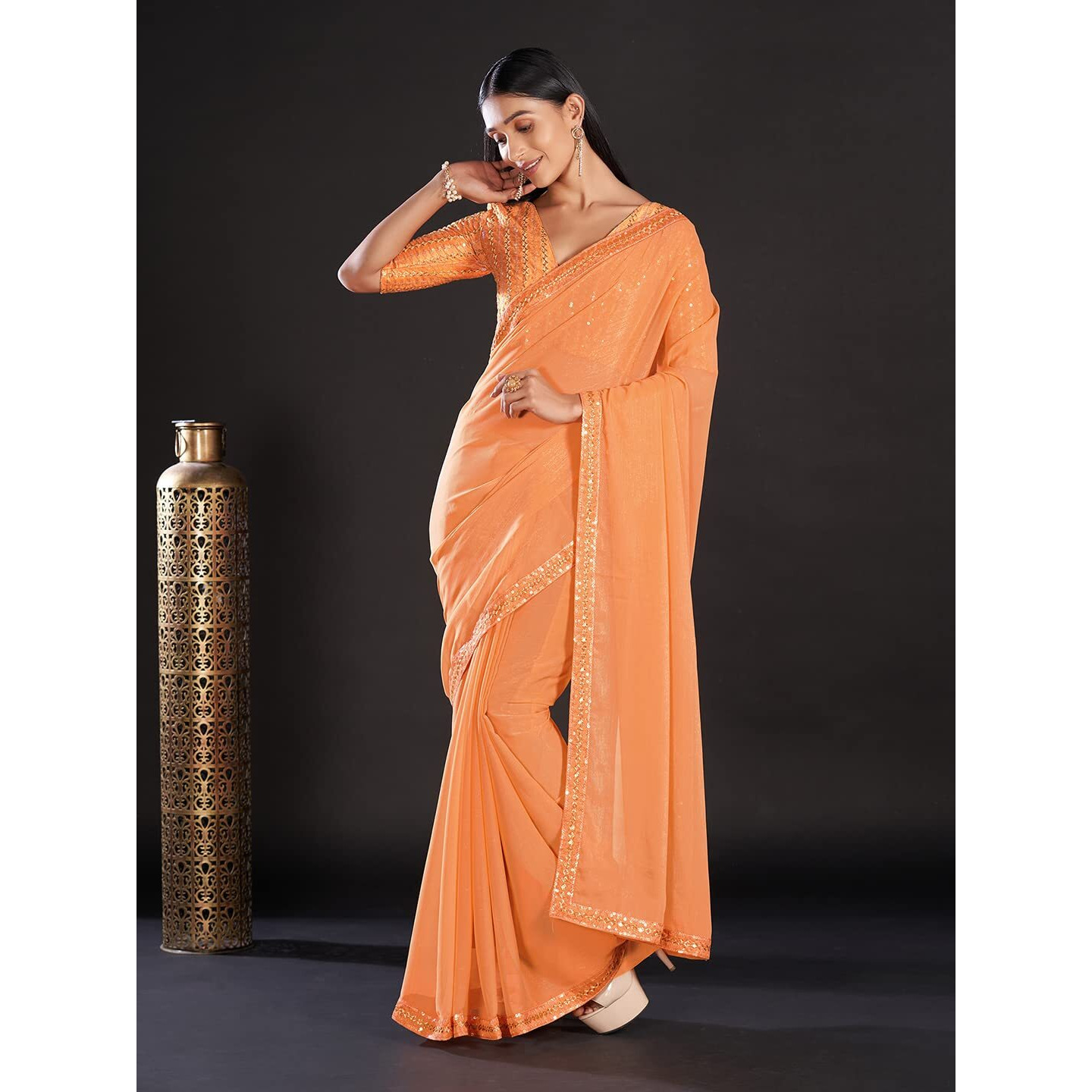 AKHILAM Womens Georgette Sequins Designer Saree With Unstitched Blouse Piece (GLMP1203_Orange)