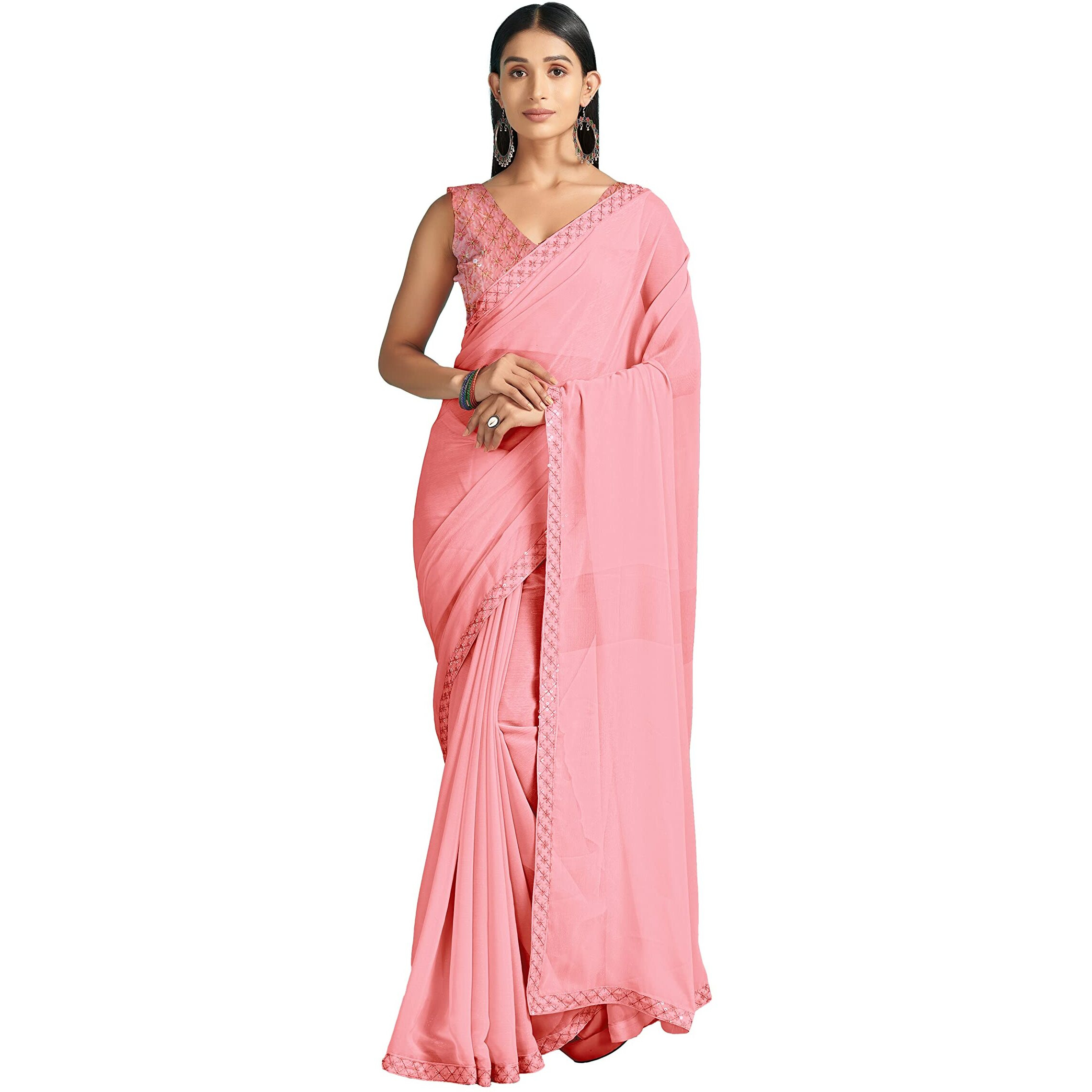 AKHILAM Womens Chiffon Lace Work Designer Saree With Unstitched Blouse Piece (GLMP1205_Pink)