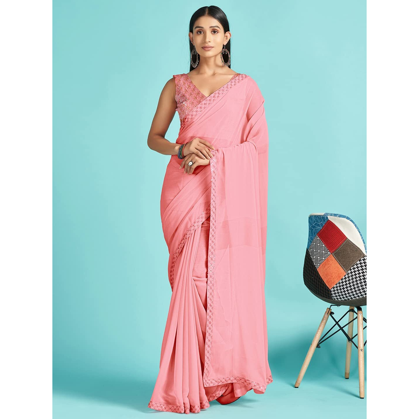 AKHILAM Womens Chiffon Lace Work Designer Saree With Unstitched Blouse Piece (GLMP1205_Pink)