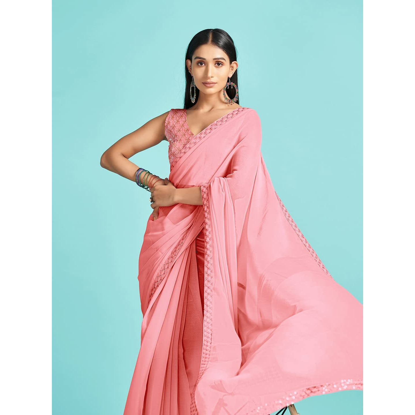 AKHILAM Womens Chiffon Lace Work Designer Saree With Unstitched Blouse Piece (GLMP1205_Pink)