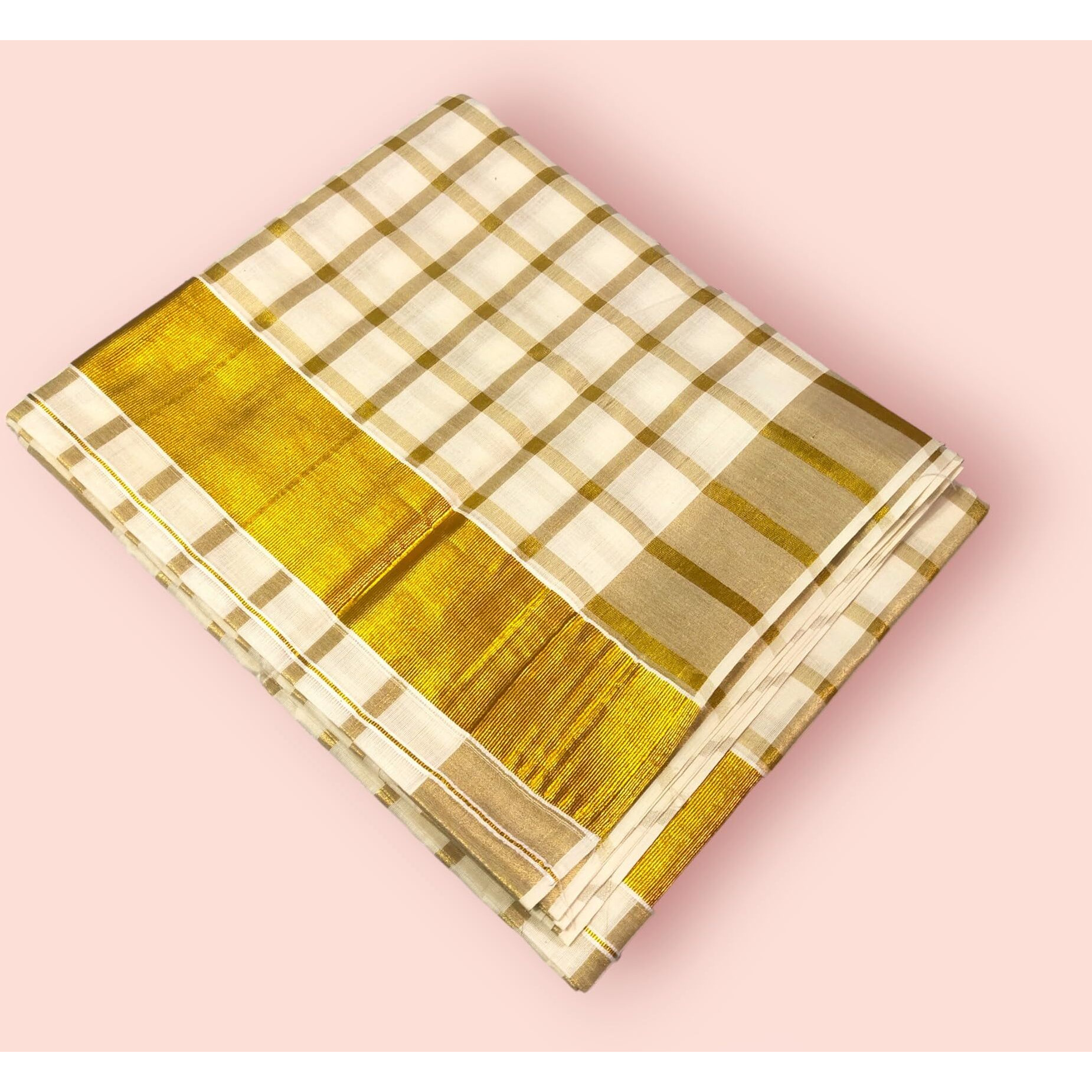 TEXATION Womens Kerala Kasavu Golden Colour Tissue Checked Pattern Saree With Running Blouse (Saree 5.5 meter, Blouse 0.8 meter)