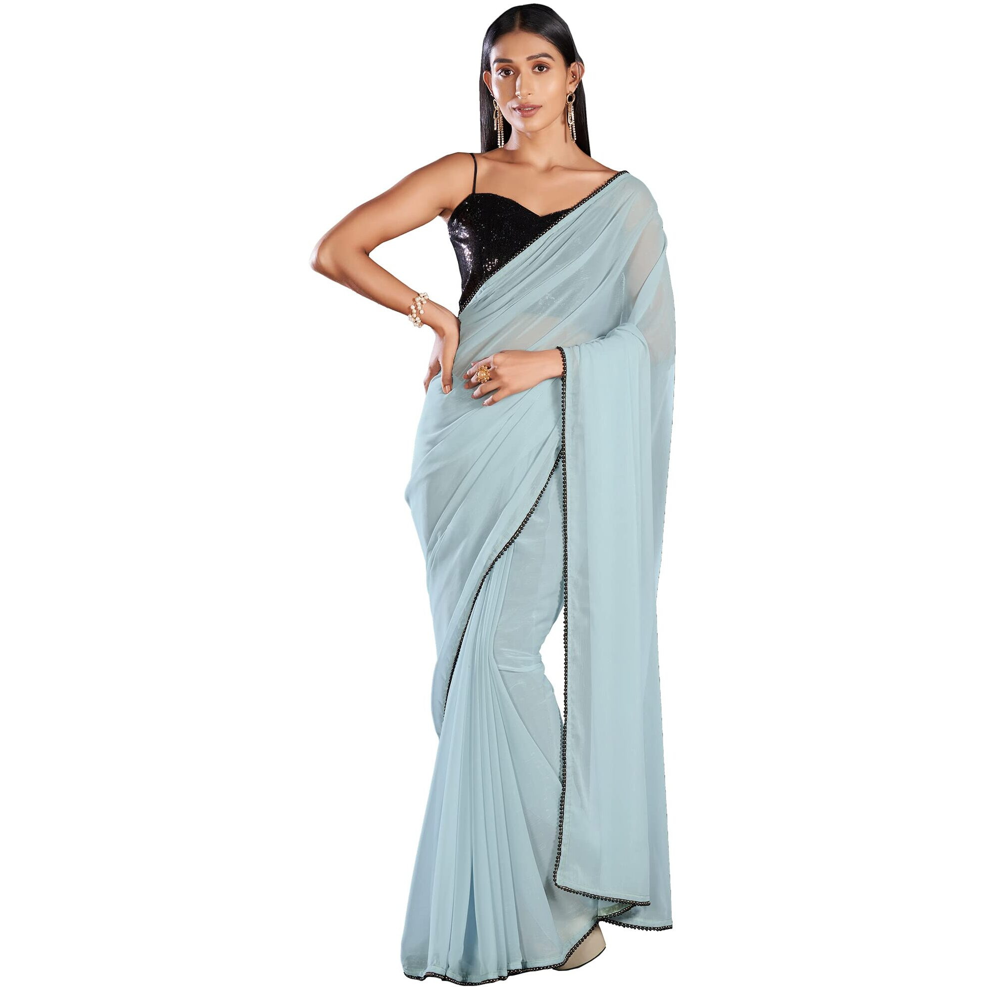 AKHILAM Womens Georgette Lace Work Designer Saree With Unstitched Blouse Piece (GLMP1204_Blue)