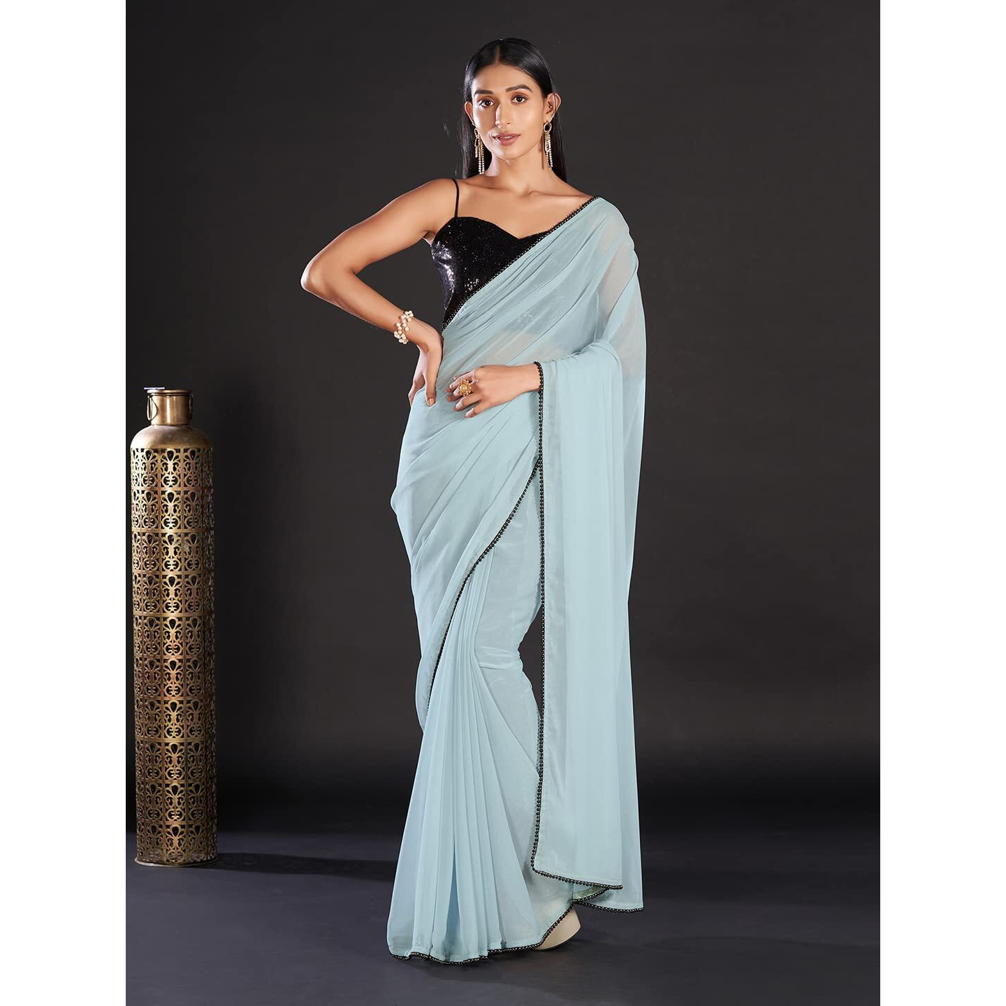 AKHILAM Womens Georgette Lace Work Designer Saree With Unstitched Blouse Piece (GLMP1204_Blue)