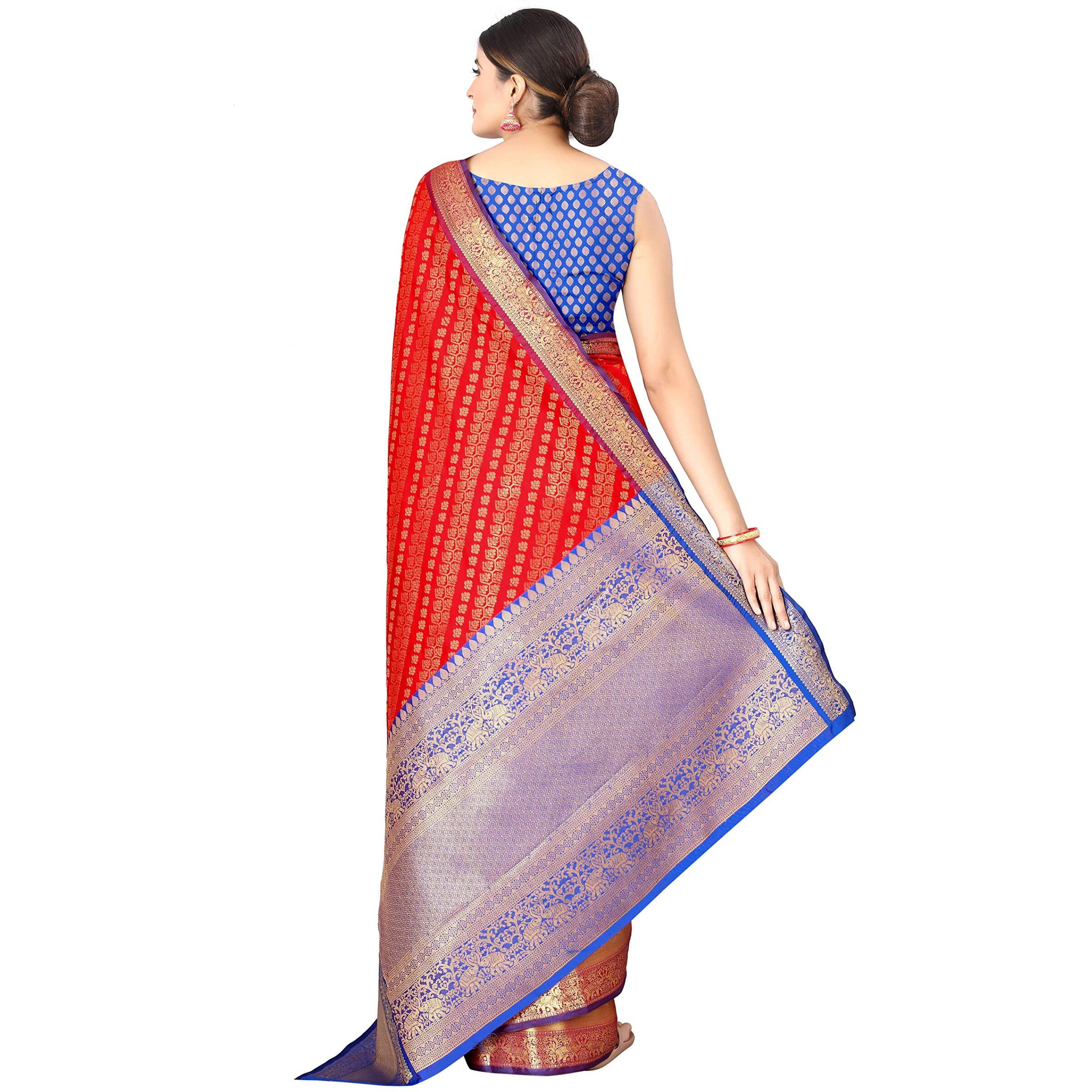 Enthone Womens Banarasi Silk Saree With Unstitched Blouse Piece(Red)