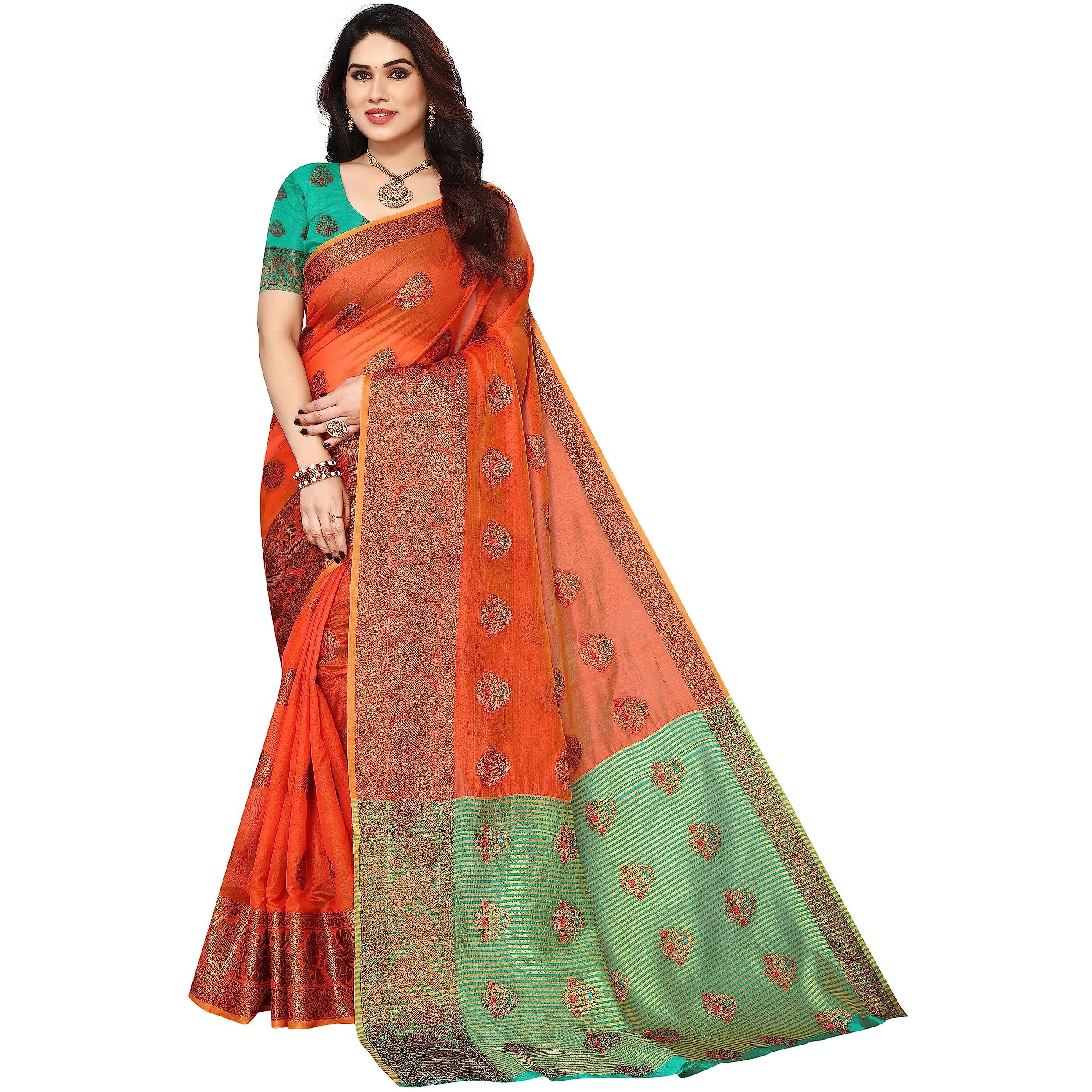 iZibra Women Wear Organza Silk Saree Kanjivaram Fabric Georgette Sari Collection Sadi New Ladies with Unstitched Blouse Piece 2023 (Red)