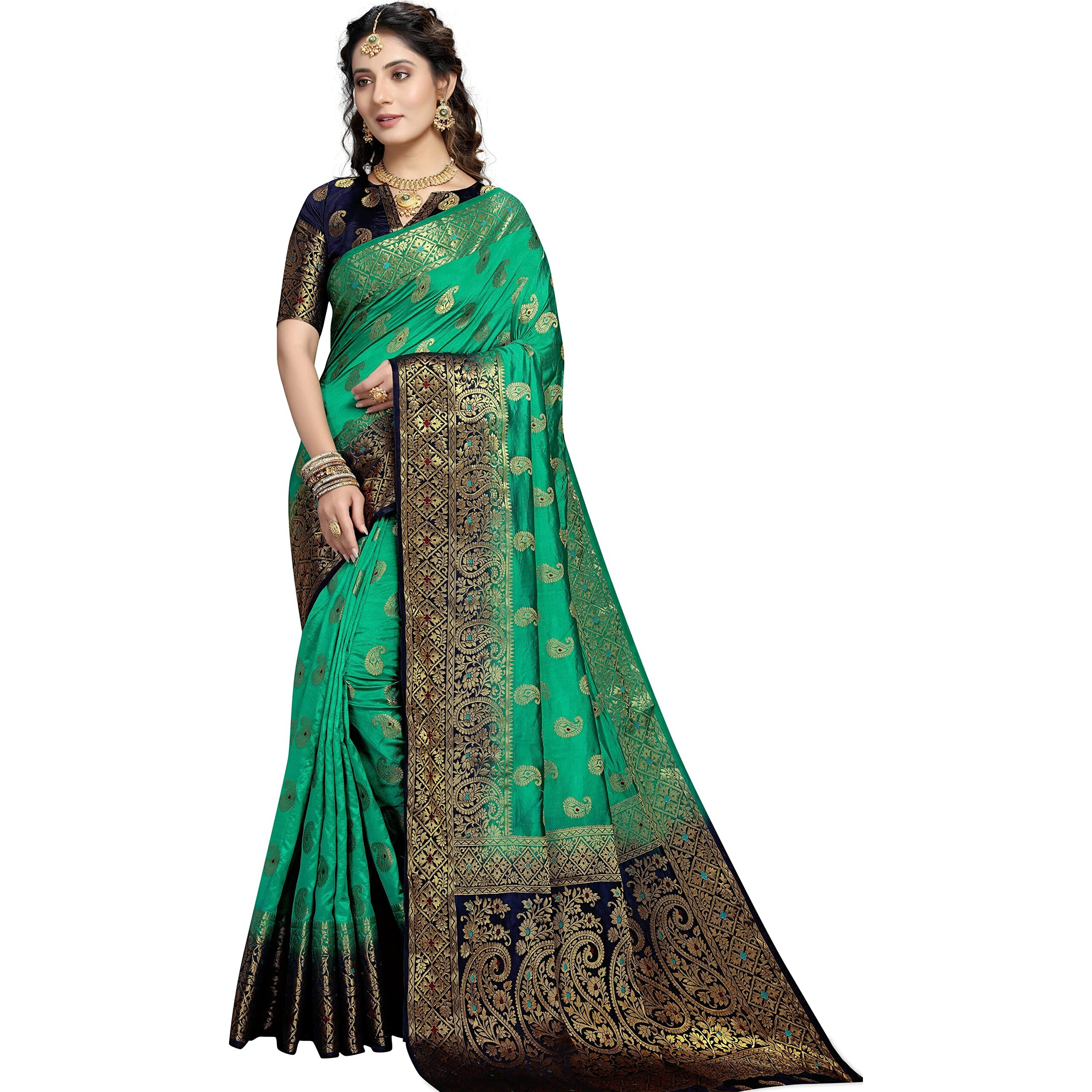 iZibra Kanjivaram Silk Saree Wedding For Women Banarasi Sadi Original Kanchipuram Pure Pattu Sari With Blouse Piece 2023(KeriMeena)(Green NavyBlue)