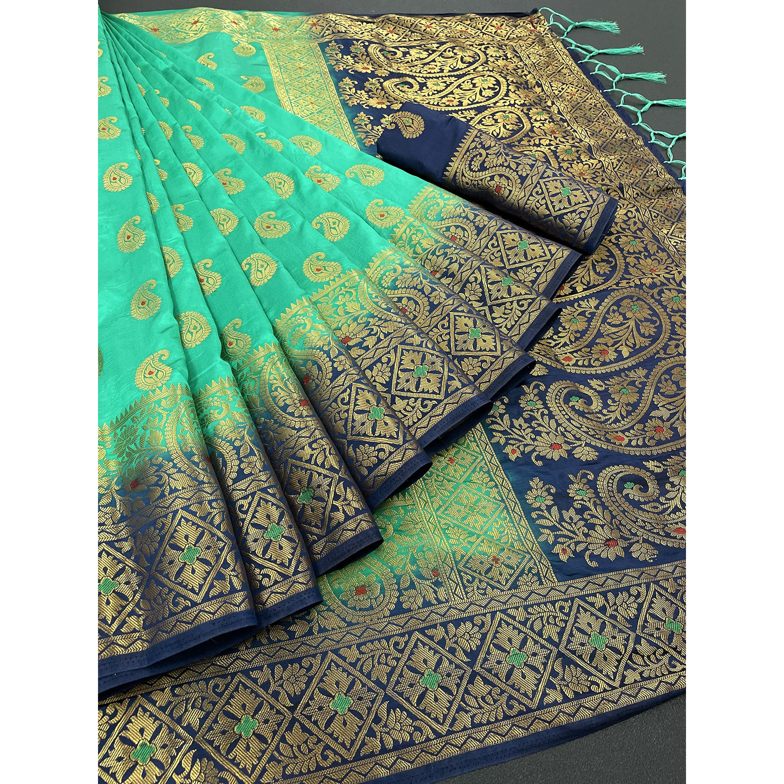 iZibra Kanjivaram Silk Saree Wedding For Women Banarasi Sadi Original Kanchipuram Pure Pattu Sari With Blouse Piece 2023(KeriMeena)(Green NavyBlue)