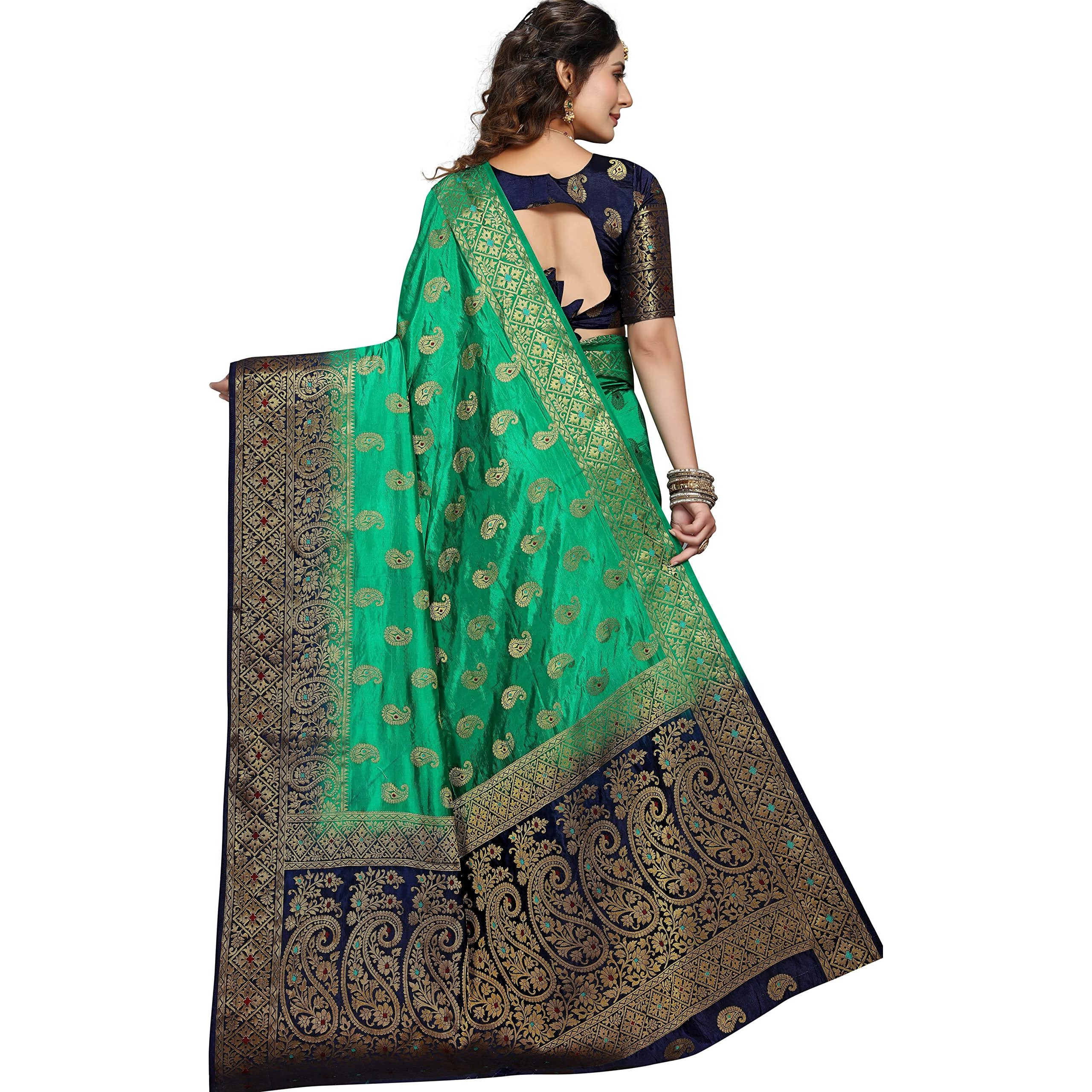 iZibra Kanjivaram Silk Saree Wedding For Women Banarasi Sadi Original Kanchipuram Pure Pattu Sari With Blouse Piece 2023(KeriMeena)(Green NavyBlue)