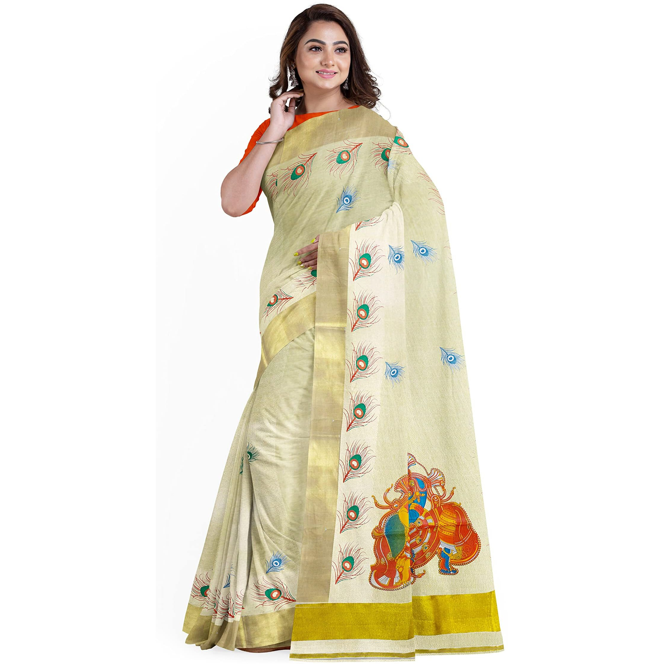 mylooms Womens Kuthampully Hand Printed Premium Mural Kerala Sarees With Hd Quality Mural Prints | Tissue Mural Printed Set Sarees With Blouse Piece (Radha Krishna Music)