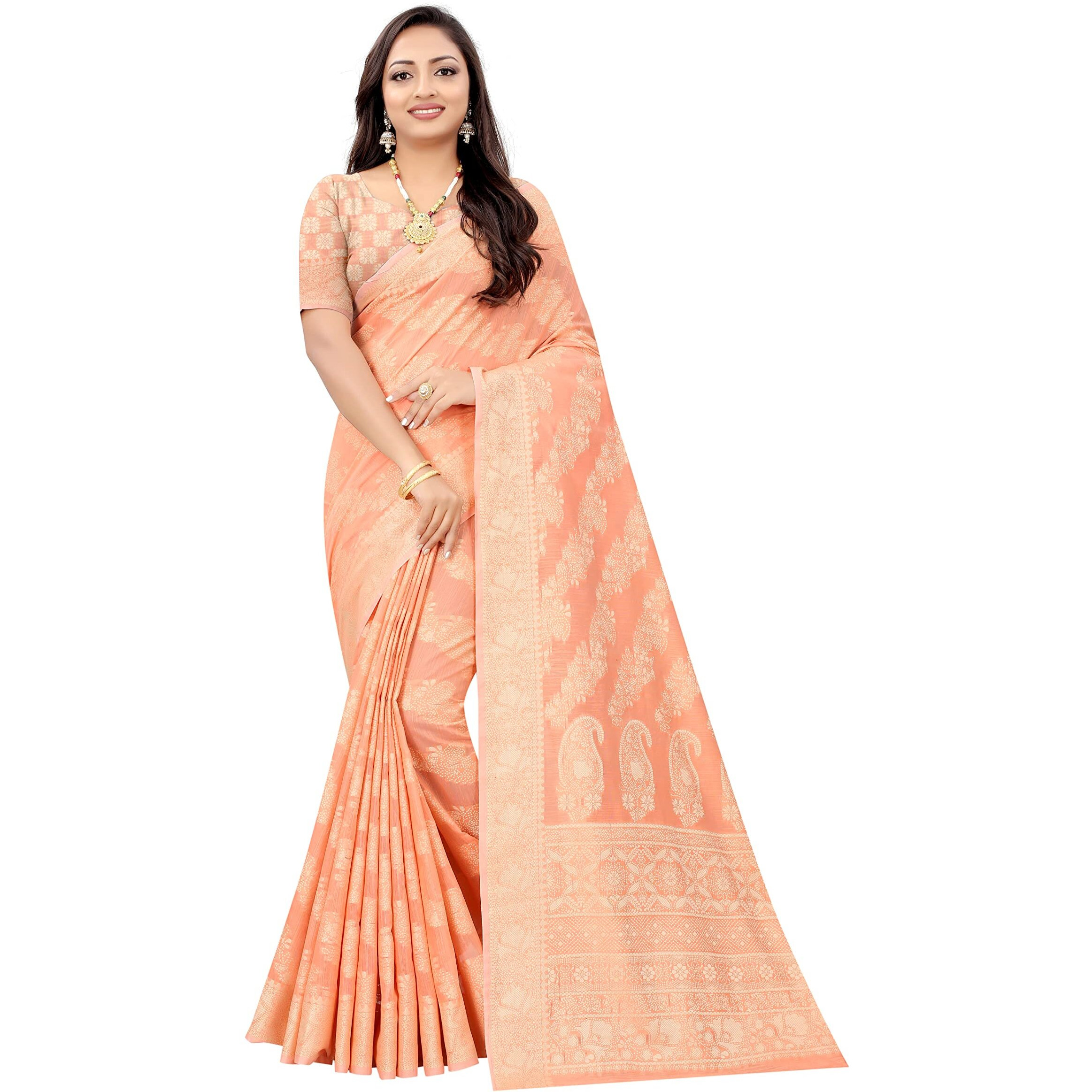 SWORNOF Womens Jacquard Linen Saree With Blouse Piece (flower-8888_Peach)