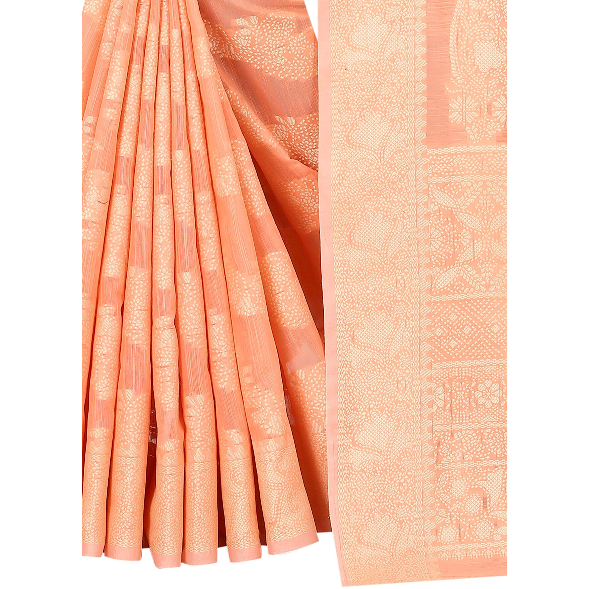 SWORNOF Womens Jacquard Linen Saree With Blouse Piece (flower-8888_Peach)