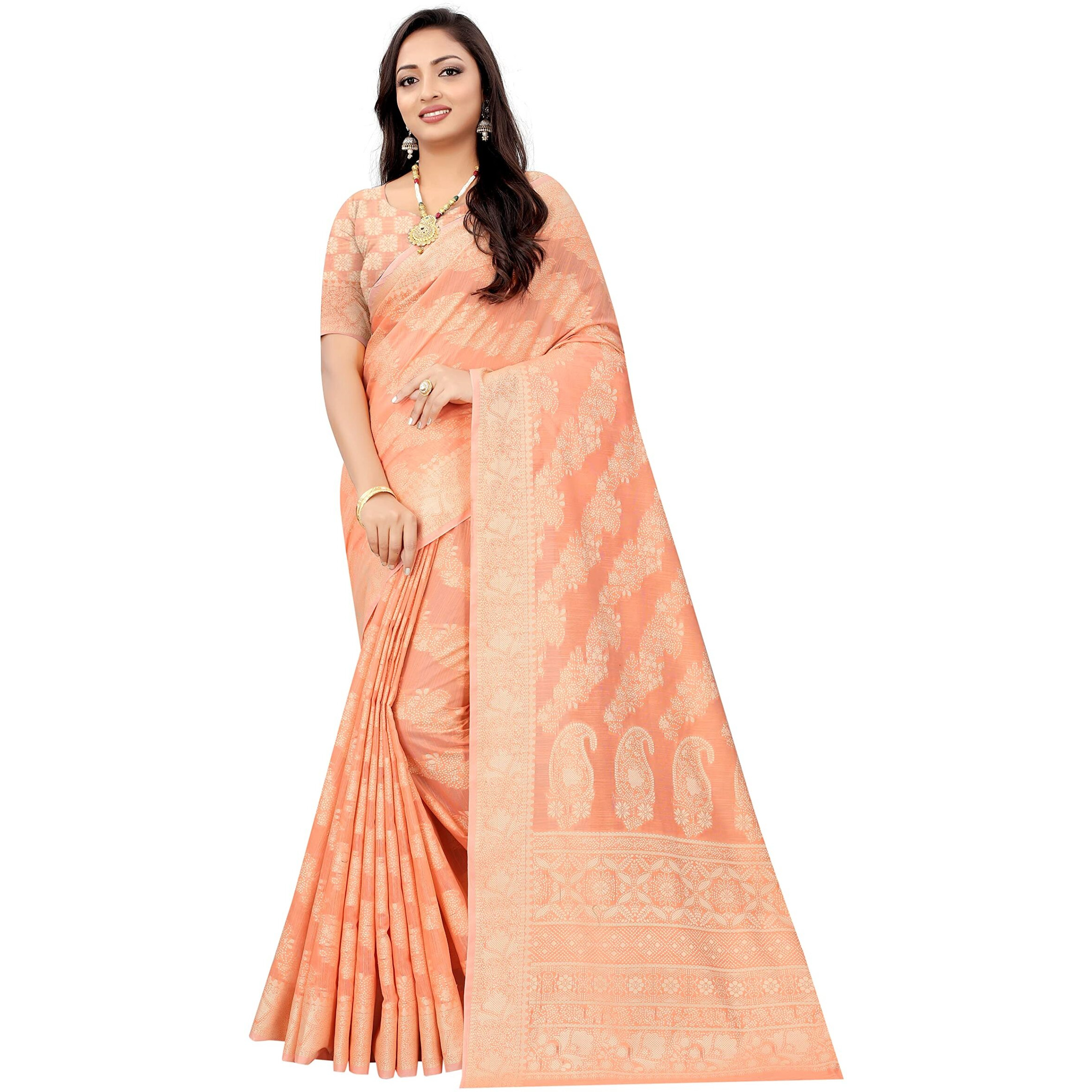 SWORNOF Womens Jacquard Linen Saree With Blouse Piece (flower-8888_Peach)