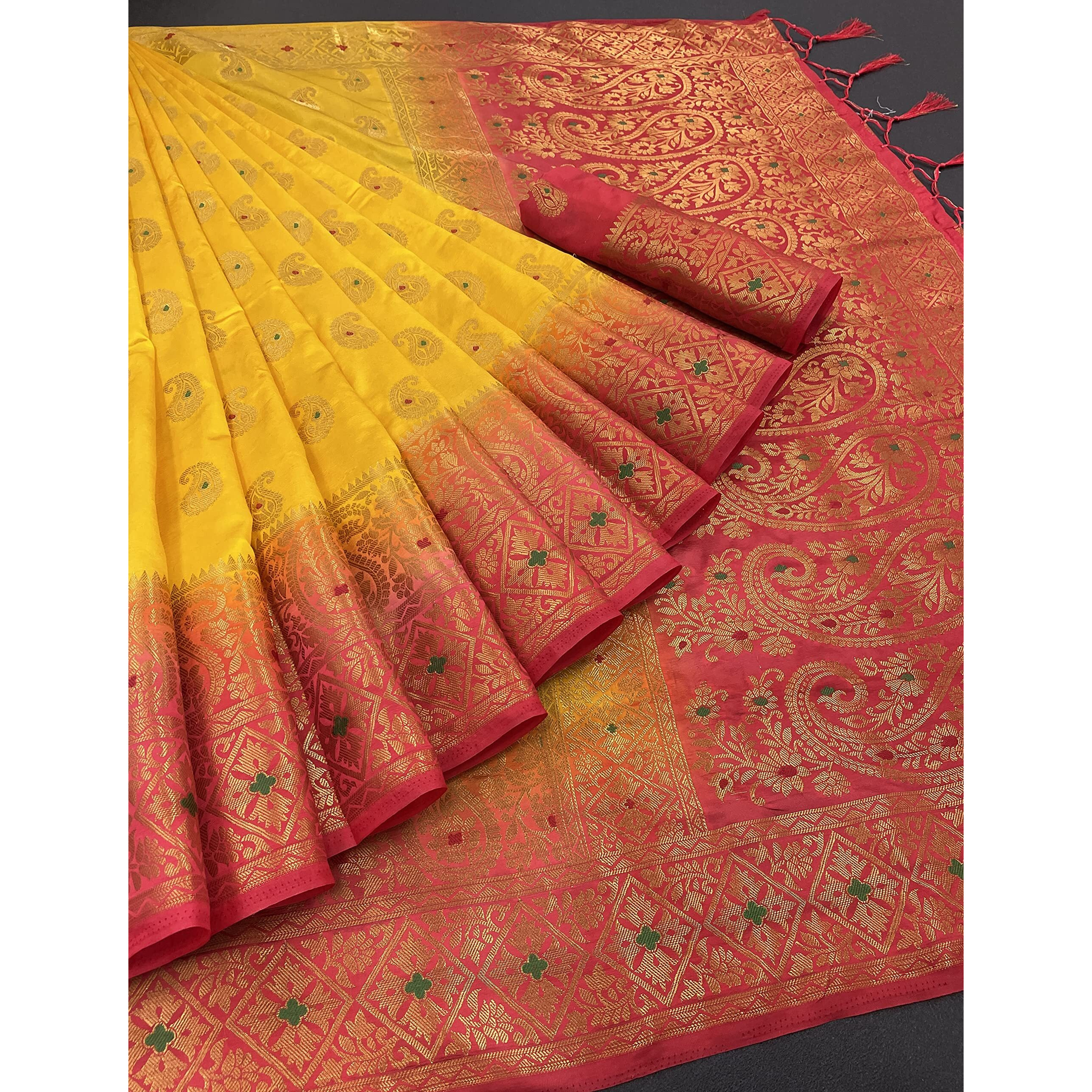 iZibra Women Kanjivaram Soft Cotton Silk Saree Pattu Sarees Banarasi Sari Original Kanchipuram Pure Silk Design with Blouse for Wedding sadi new ladies 2022 (Keri-Meena paithani) (Yellow Red)